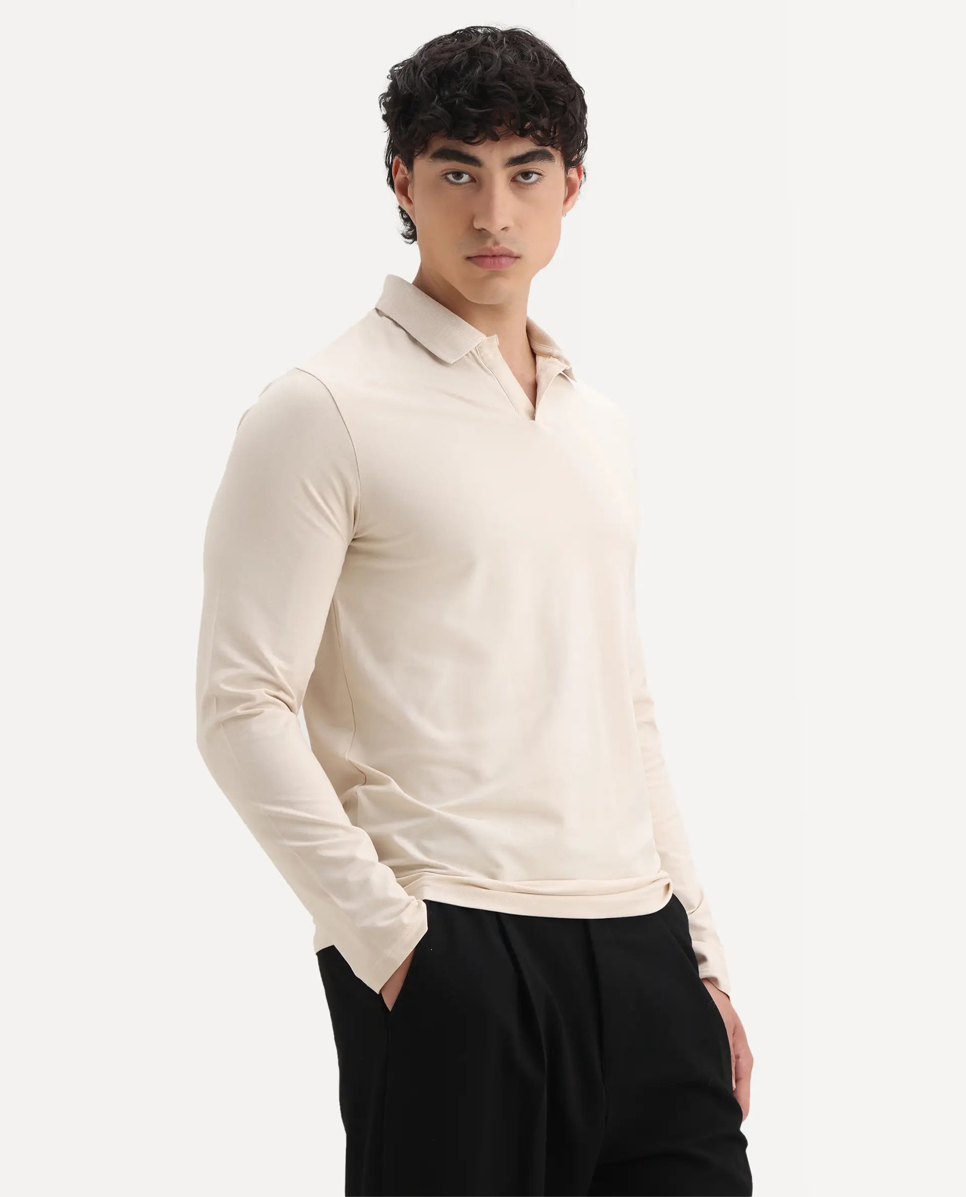 Rare Rabbit Men's Reborn-1 Off White Cotton Plain Regular Fit Full Sleeve Polo