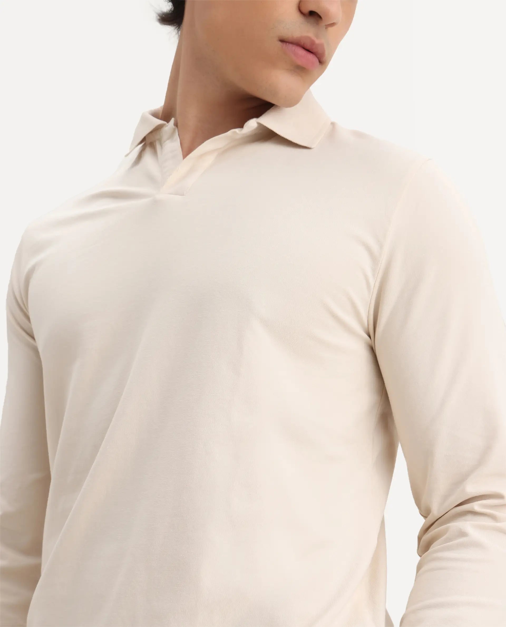 Rare Rabbit Men's Reborn-1 Off White Cotton Plain Regular Fit Full Sleeve Polo