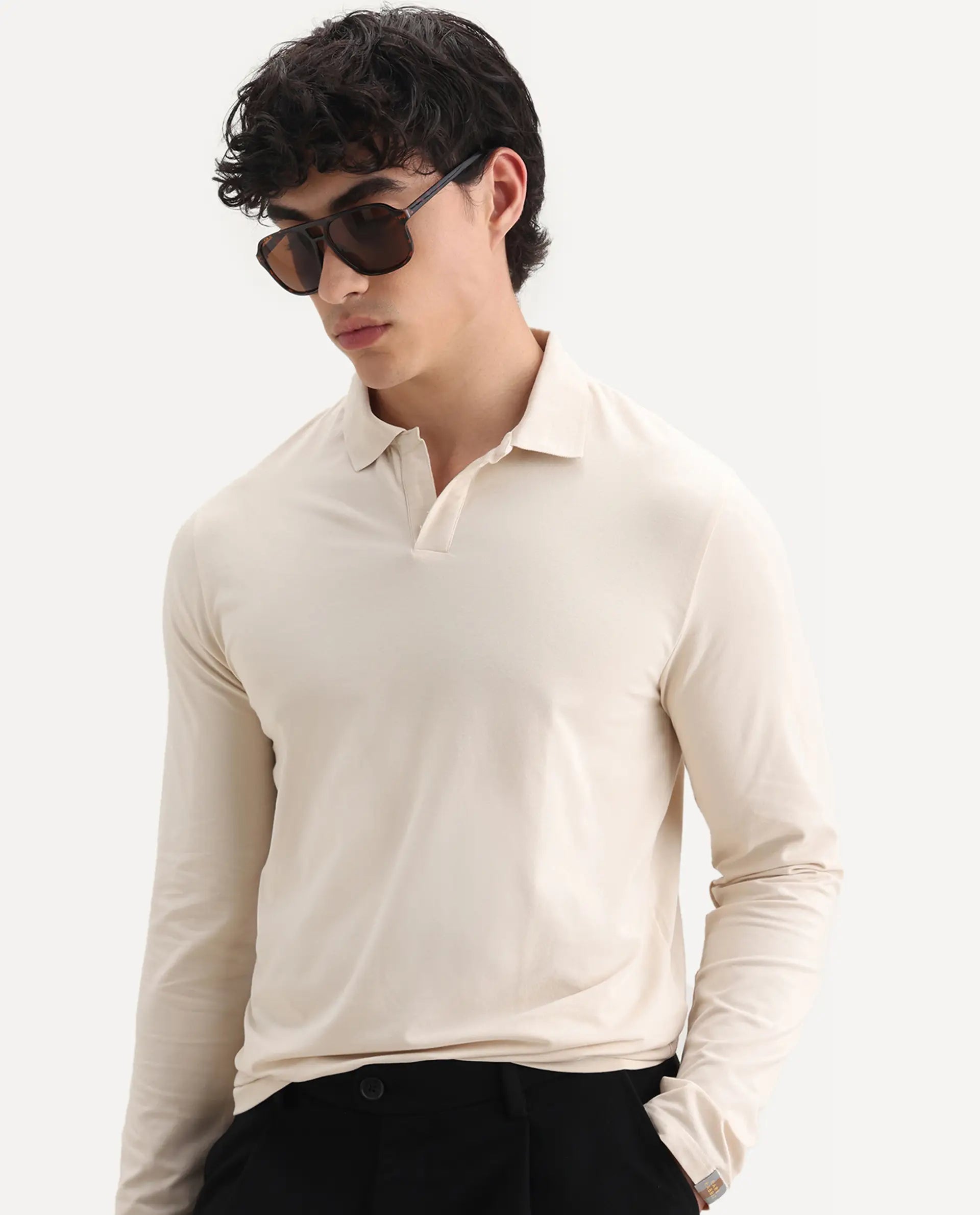 Rare Rabbit Men's Reborn-1 Off White Cotton Plain Regular Fit Full Sleeve Polo