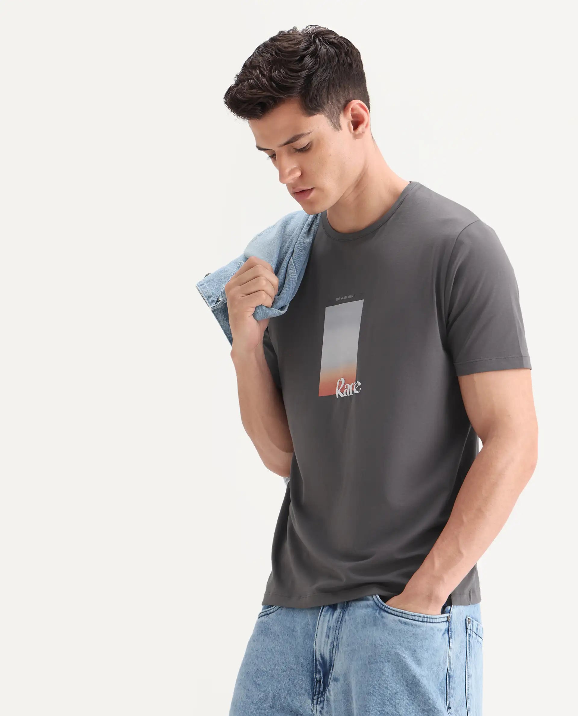 Rare Rabbit Men's Recor Grey Cotton Blend Graphic Print Regular Fit Half Sleeve Crew Neck T-Shirt