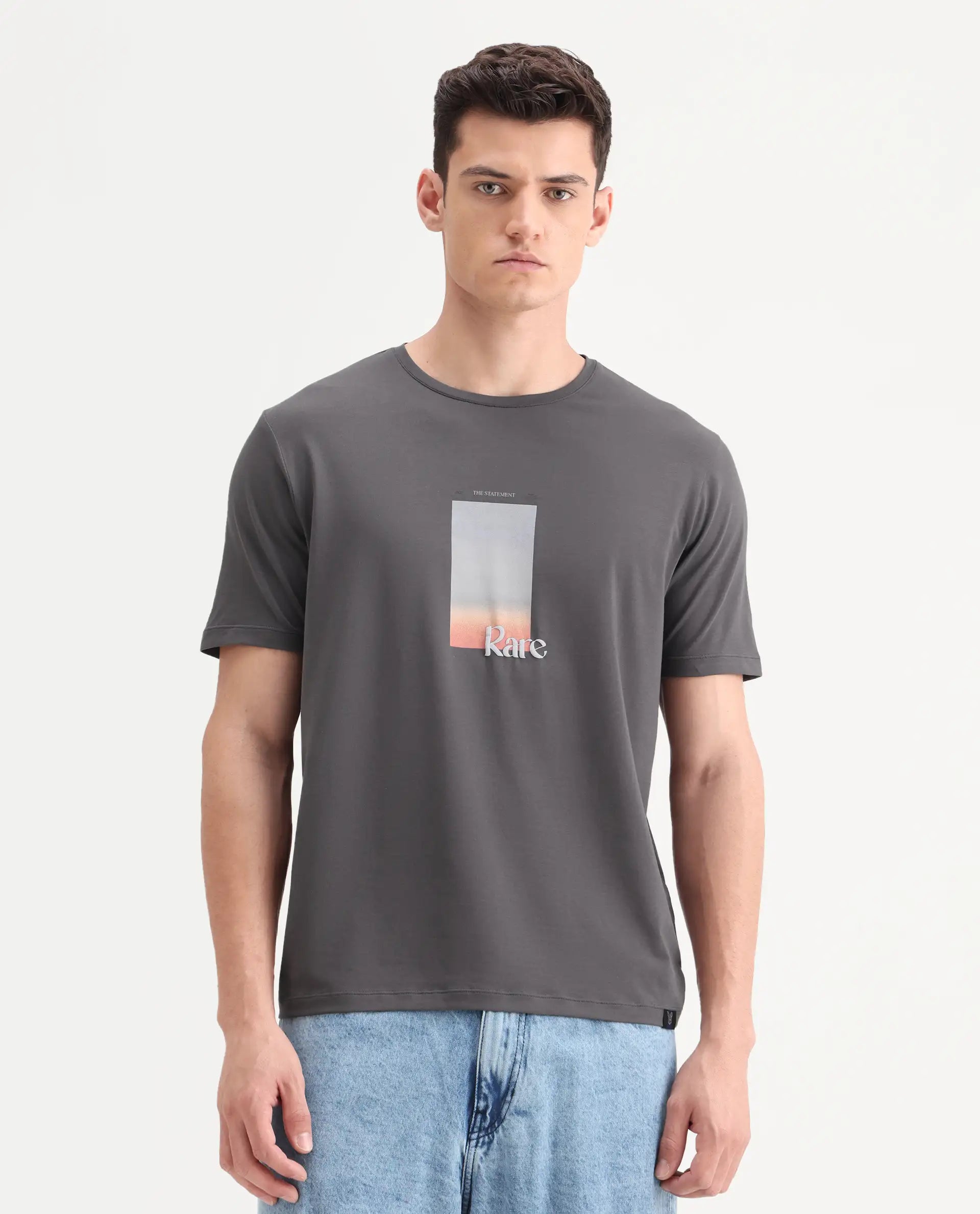 Rare Rabbit Men's Recor Grey Cotton Blend Graphic Print Regular Fit Half Sleeve Crew Neck T-Shirt
