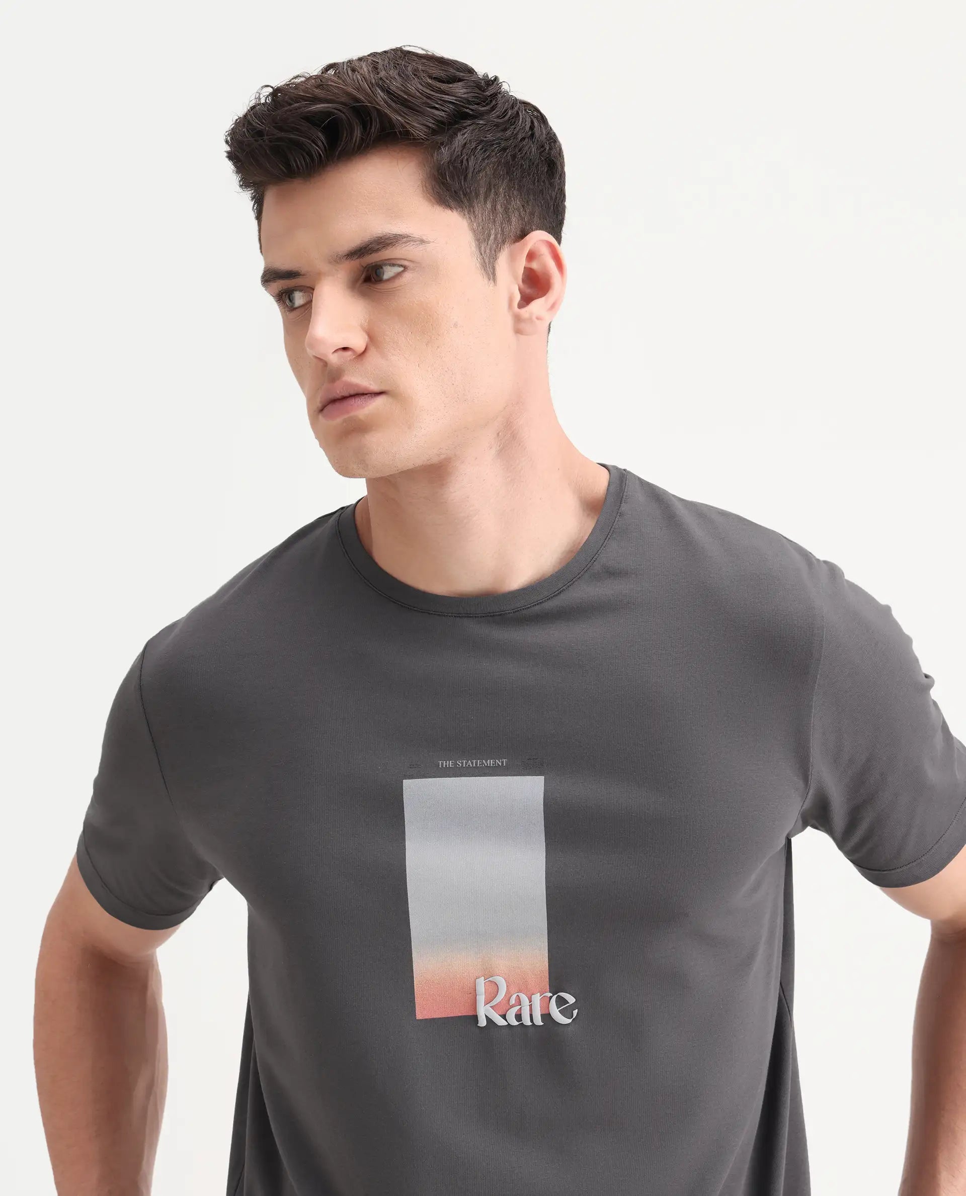 Rare Rabbit Men's Recor Grey Cotton Blend Graphic Print Regular Fit Half Sleeve Crew Neck T-Shirt