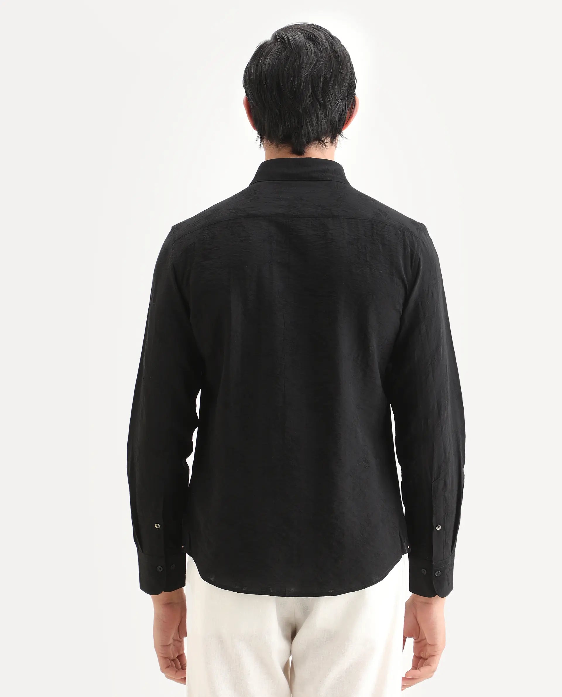 Rare Rabbit Men's Redif-26 Black Viscose Blend Fabric Full Sleeve Spread Collar Regular Fit Jacquard Shirt