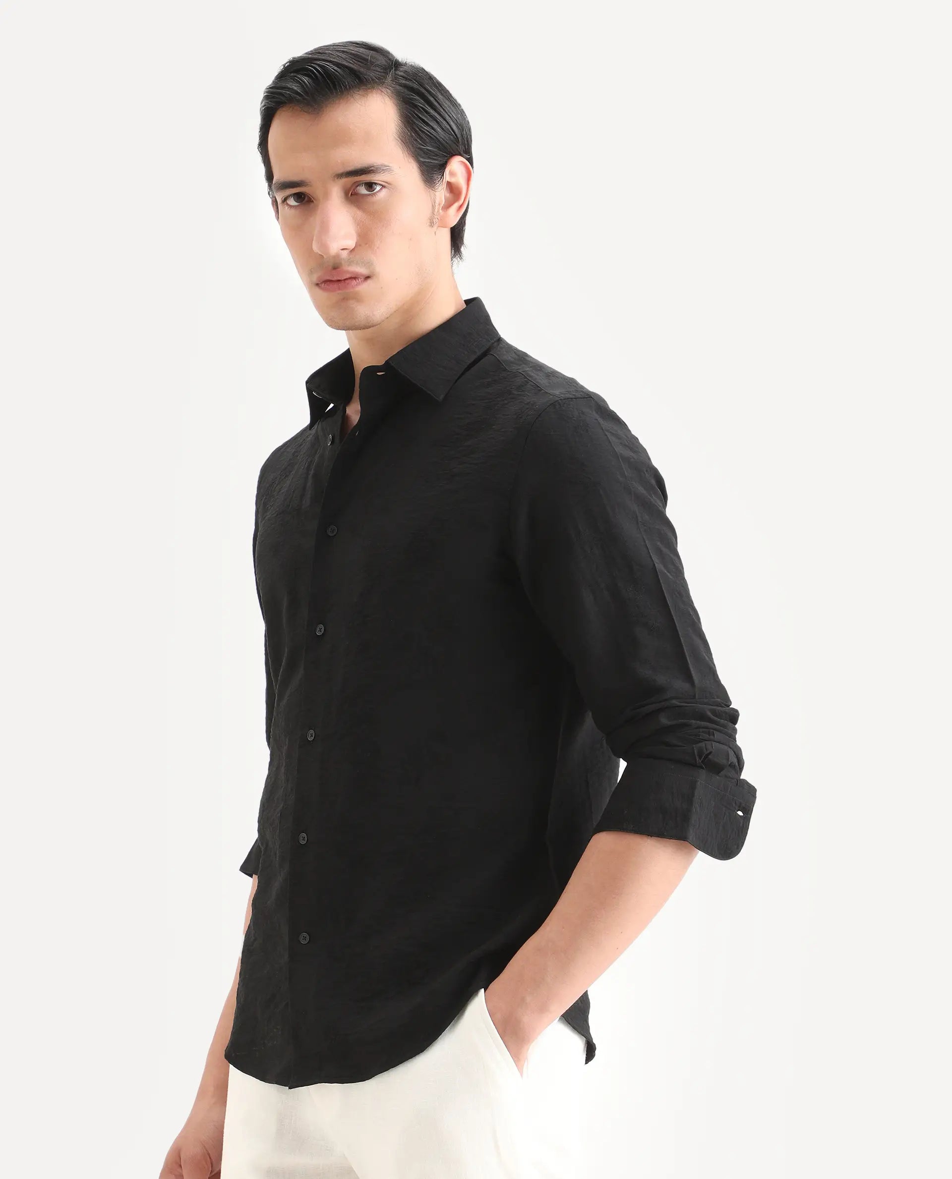 Rare Rabbit Men's Redif-26 Black Viscose Blend Fabric Full Sleeve Spread Collar Regular Fit Jacquard Shirt