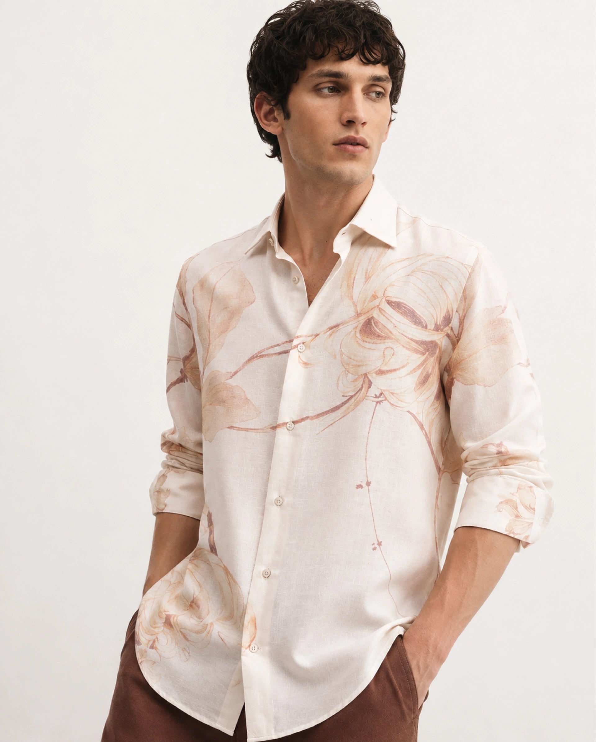 Rare Rabbit Men's Reep Off White Linen Blend Button Regular Fit Floral Print Shirt