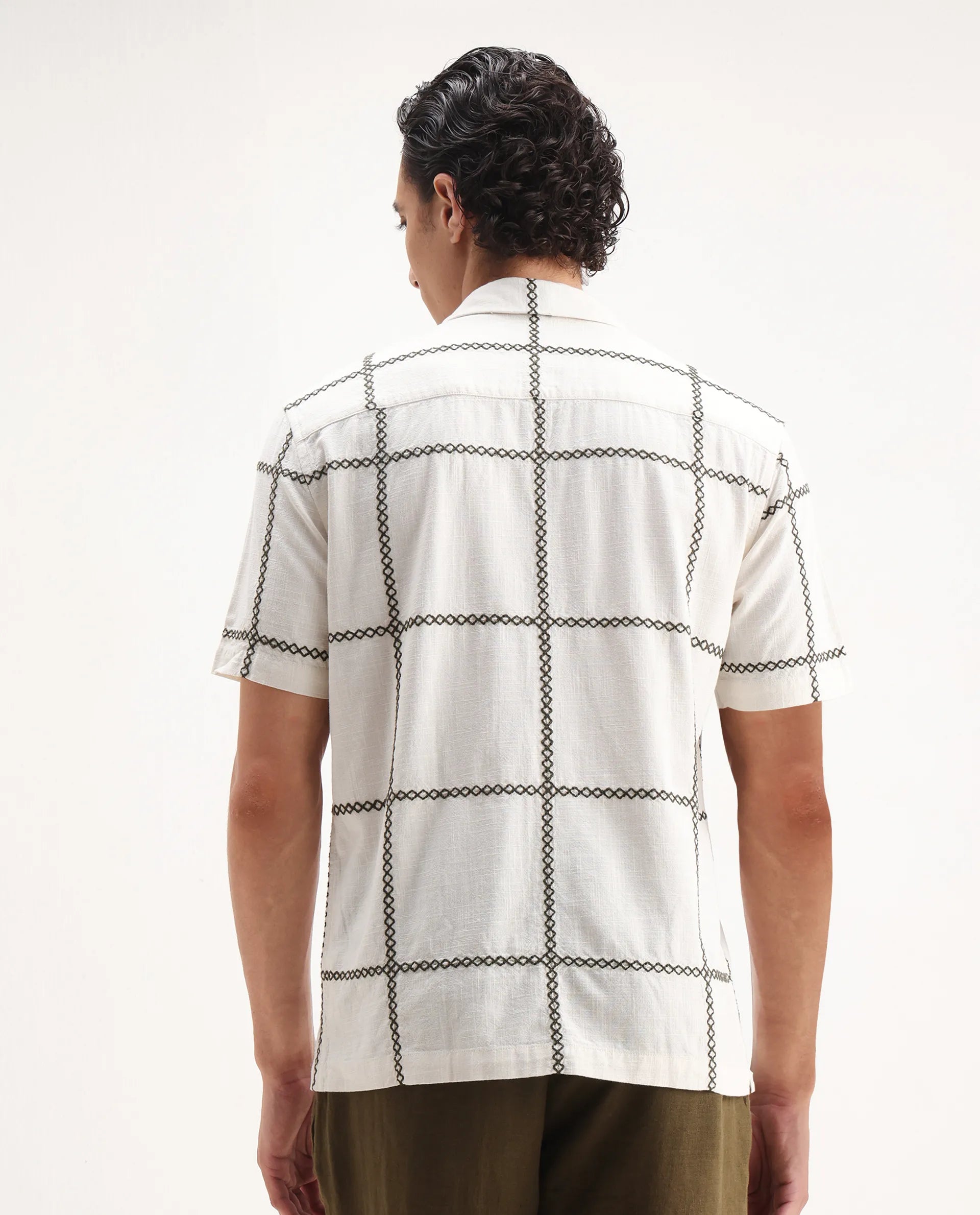 Rare Rabbit Men's Refty Off White Viscose Embroidered Boxy Fit Half Sleeve Cuban Collar Shirt