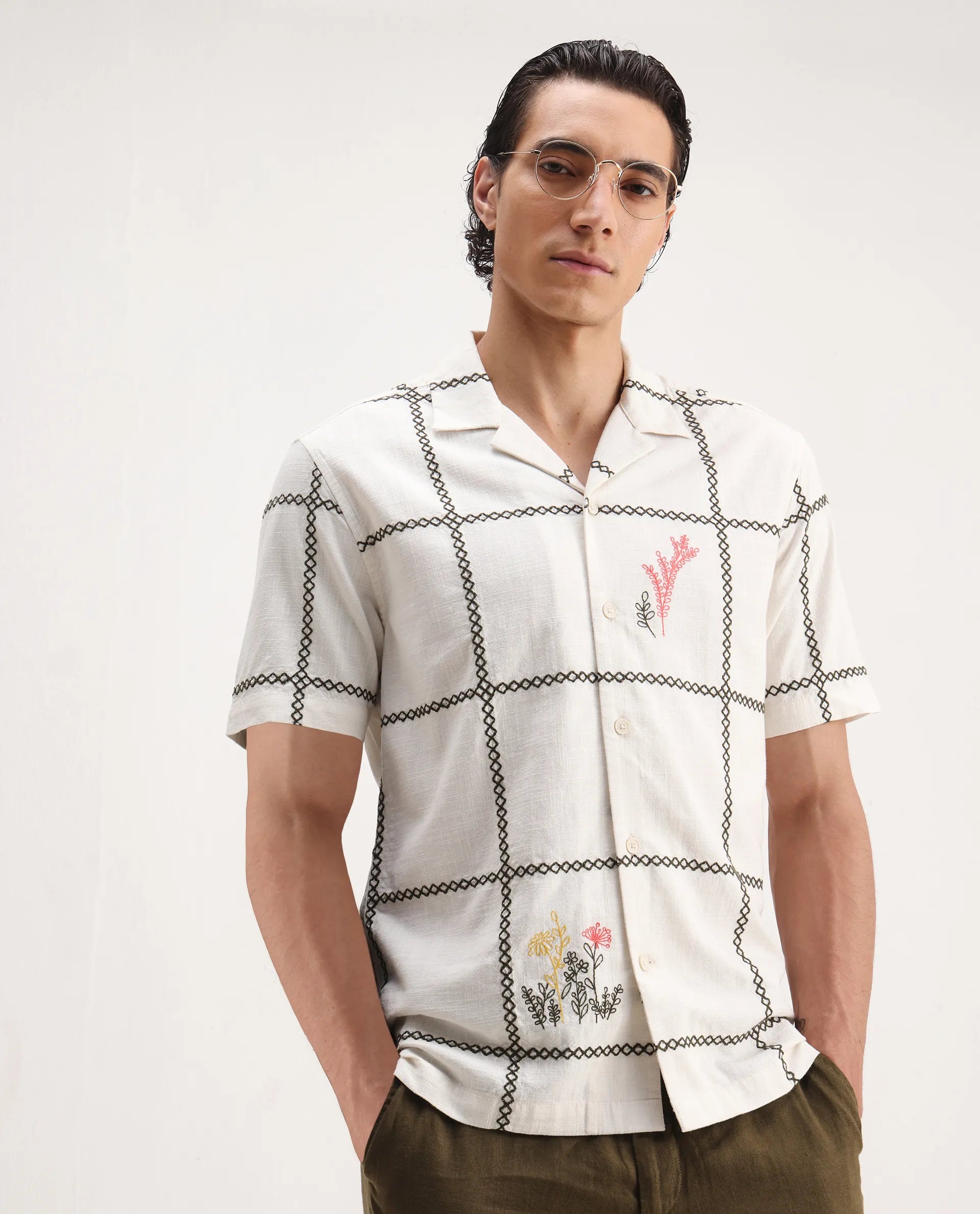 Rare Rabbit Men's Refty Off White Viscose Embroidered Boxy Fit Half Sleeve Cuban Collar Shirt