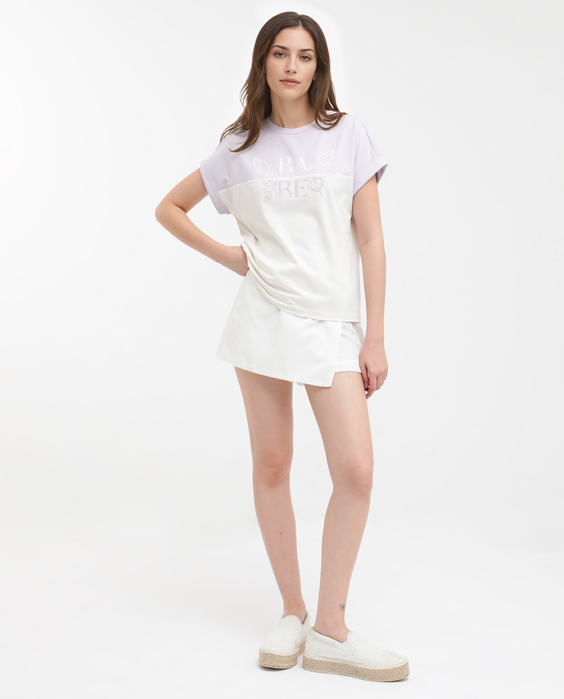 Rareism Women Regardo Off White Cotton Elastane Fabric Boxy Fit Crew Neck T-Shirt