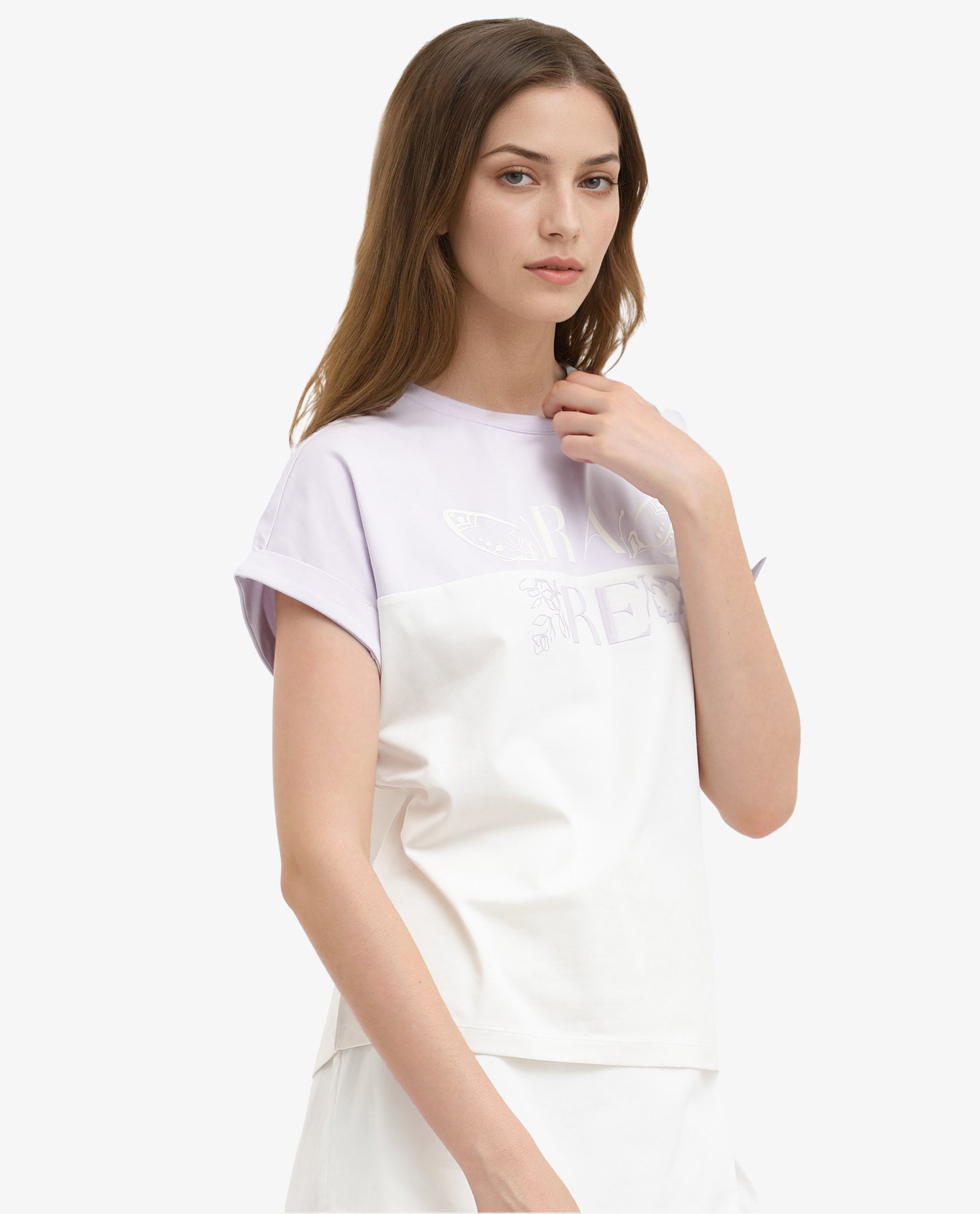Rareism Women Regardo Off White Cotton Elastane Fabric Boxy Fit Crew Neck T-Shirt