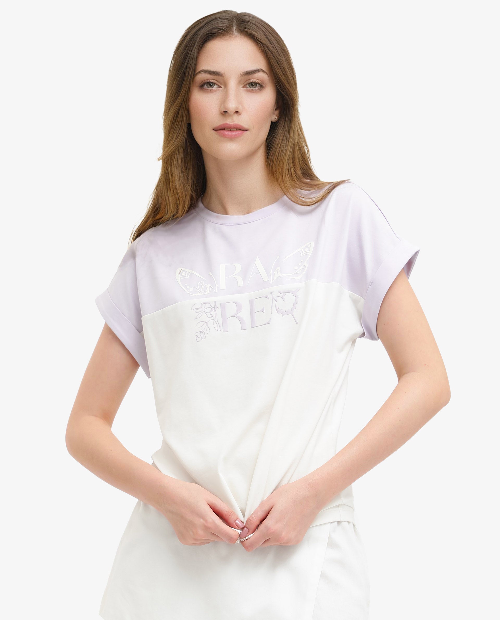 Rareism Women Regardo Off White Cotton Elastane Fabric Boxy Fit Crew Neck T-Shirt