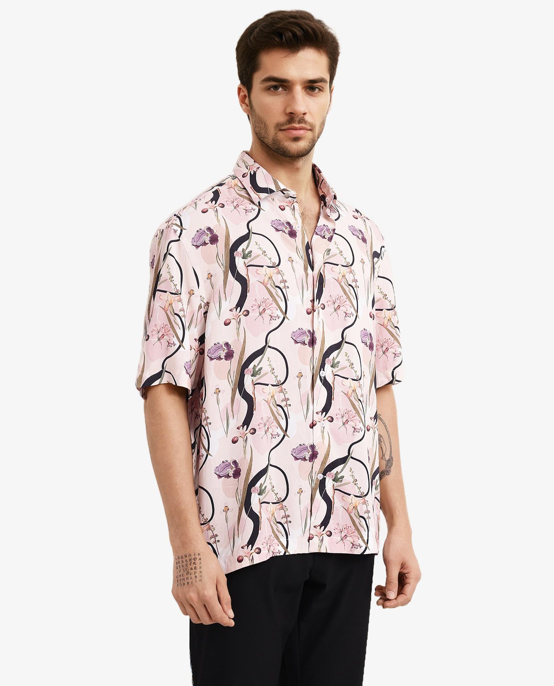 Rare Rabbit Men's Rigel Pastel Peach Viscose Fabric Short Sleeve Boxy Fit Floral Print Shirt