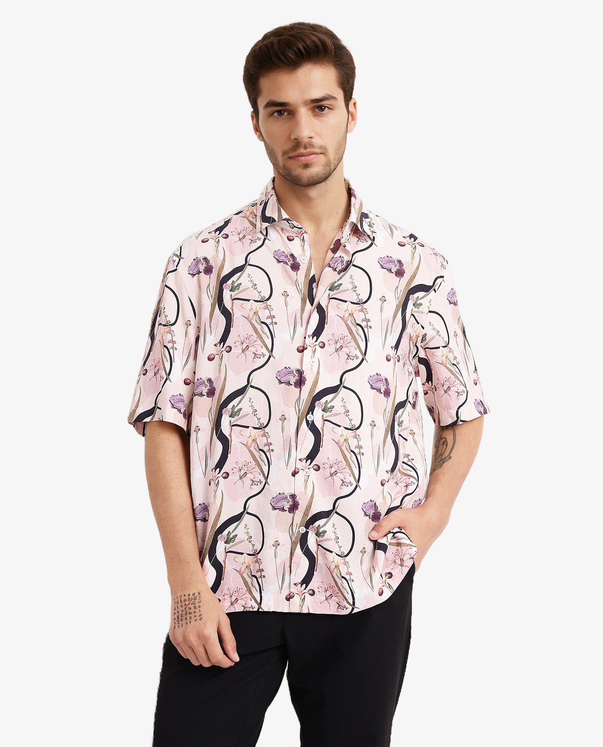 Rare Rabbit Men's Rigel Pastel Peach Viscose Fabric Short Sleeve Boxy Fit Floral Print Shirt