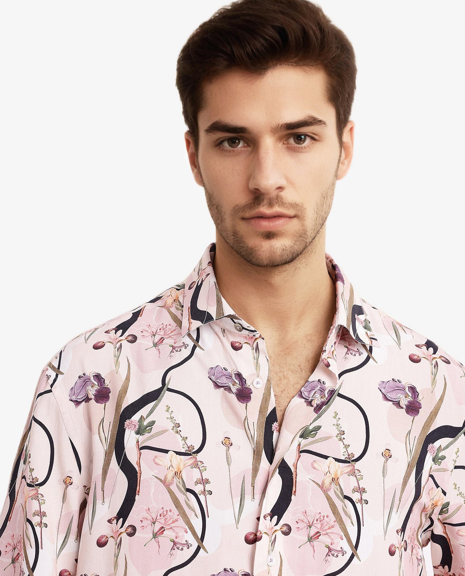 Rare Rabbit Men's Rigel Pastel Peach Viscose Fabric Short Sleeve Boxy Fit Floral Print Shirt