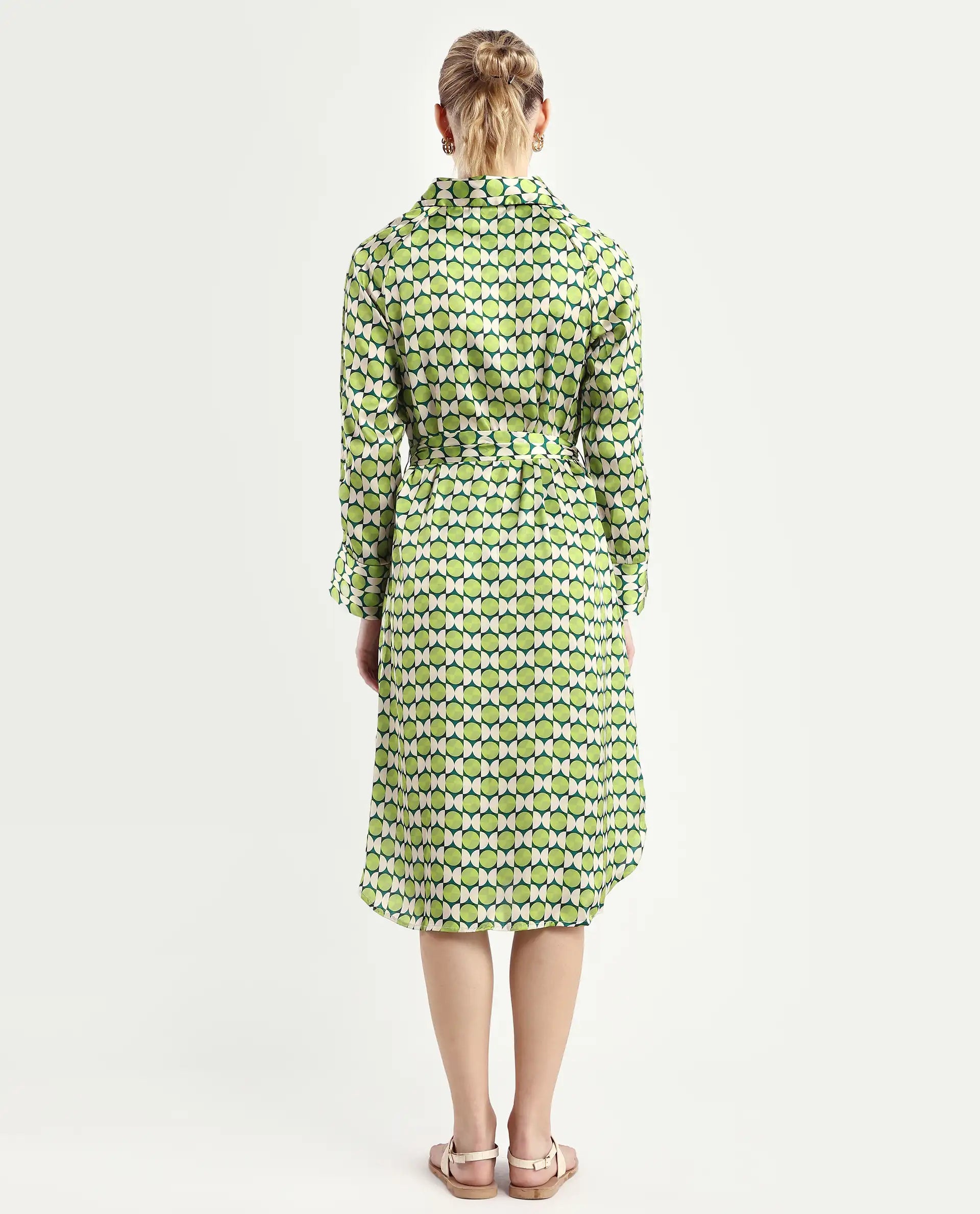 Rareism Women's Regis Green Cotton Blend Drop Collar Geometric Print Raglan Sleeve Midi A-Line Dress