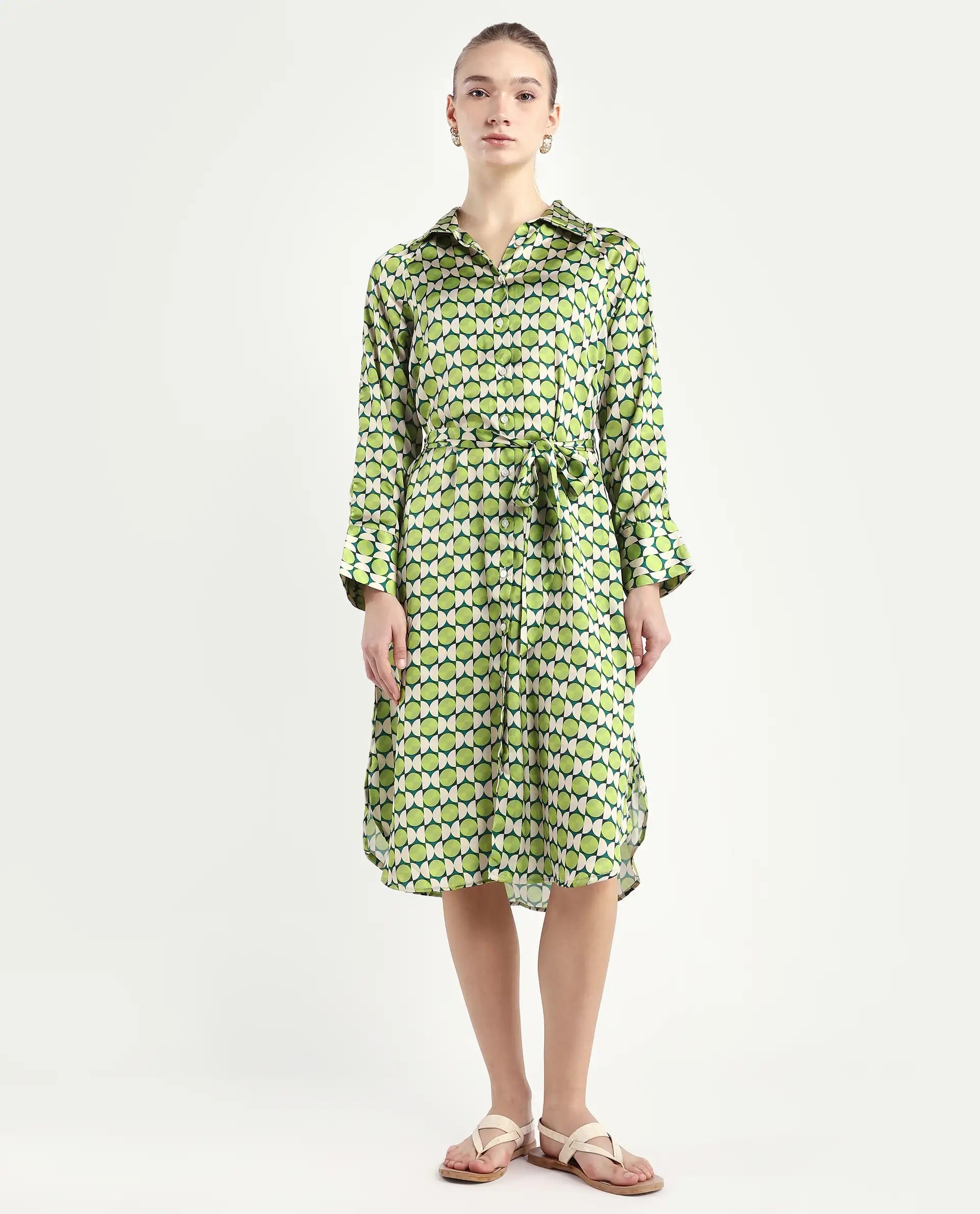Rareism Women's Regis Green Cotton Blend Drop Collar Geometric Print Raglan Sleeve Midi A-Line Dress