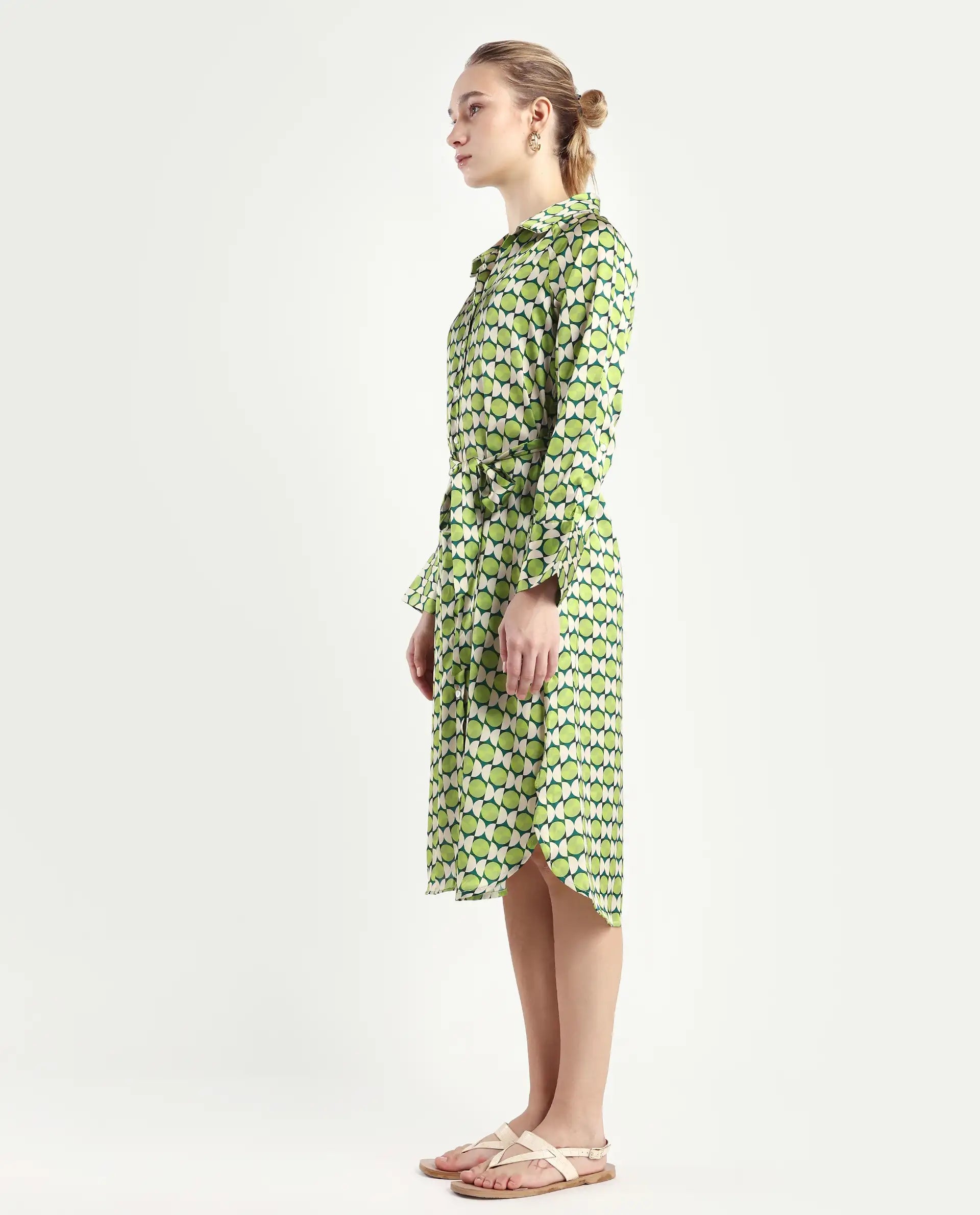 Rareism Women's Regis Green Cotton Blend Drop Collar Geometric Print Raglan Sleeve Midi A-Line Dress