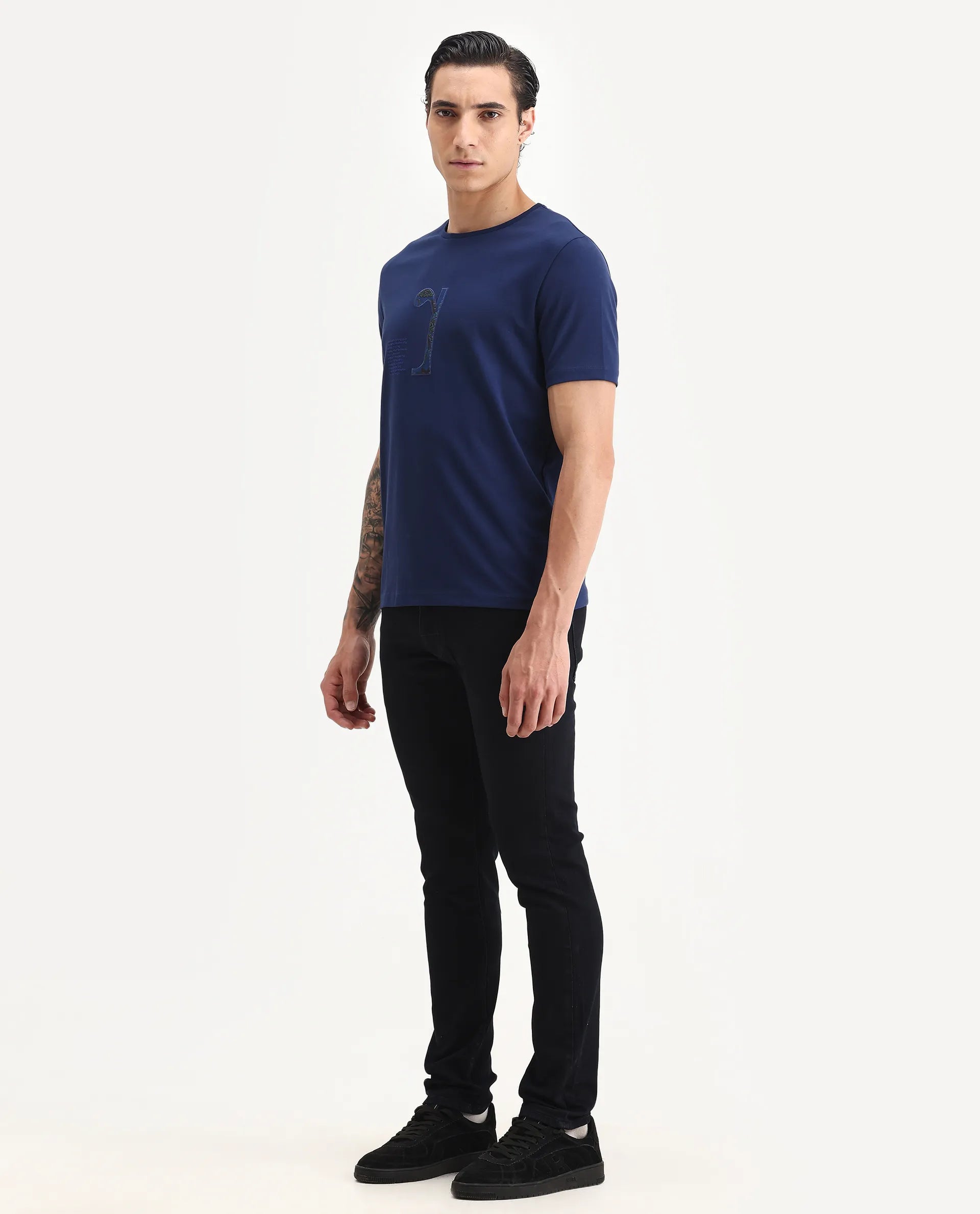 Rare Rabbit Men's Reid Dark Blue Cotton Blend Plain Hawk Slim Fit Jeans