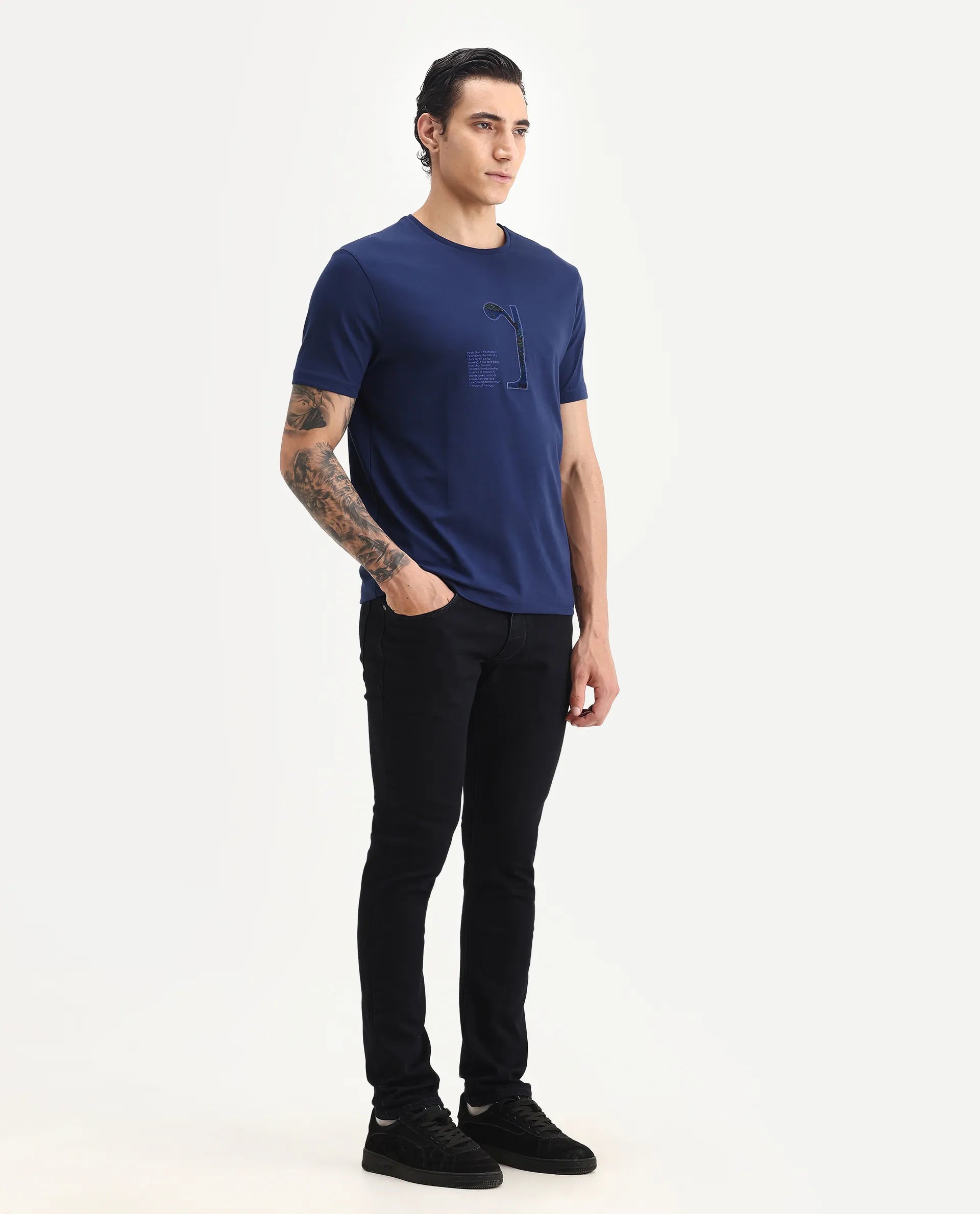 Rare Rabbit Men's Reid Dark Blue Cotton Blend Plain Hawk Slim Fit Jeans