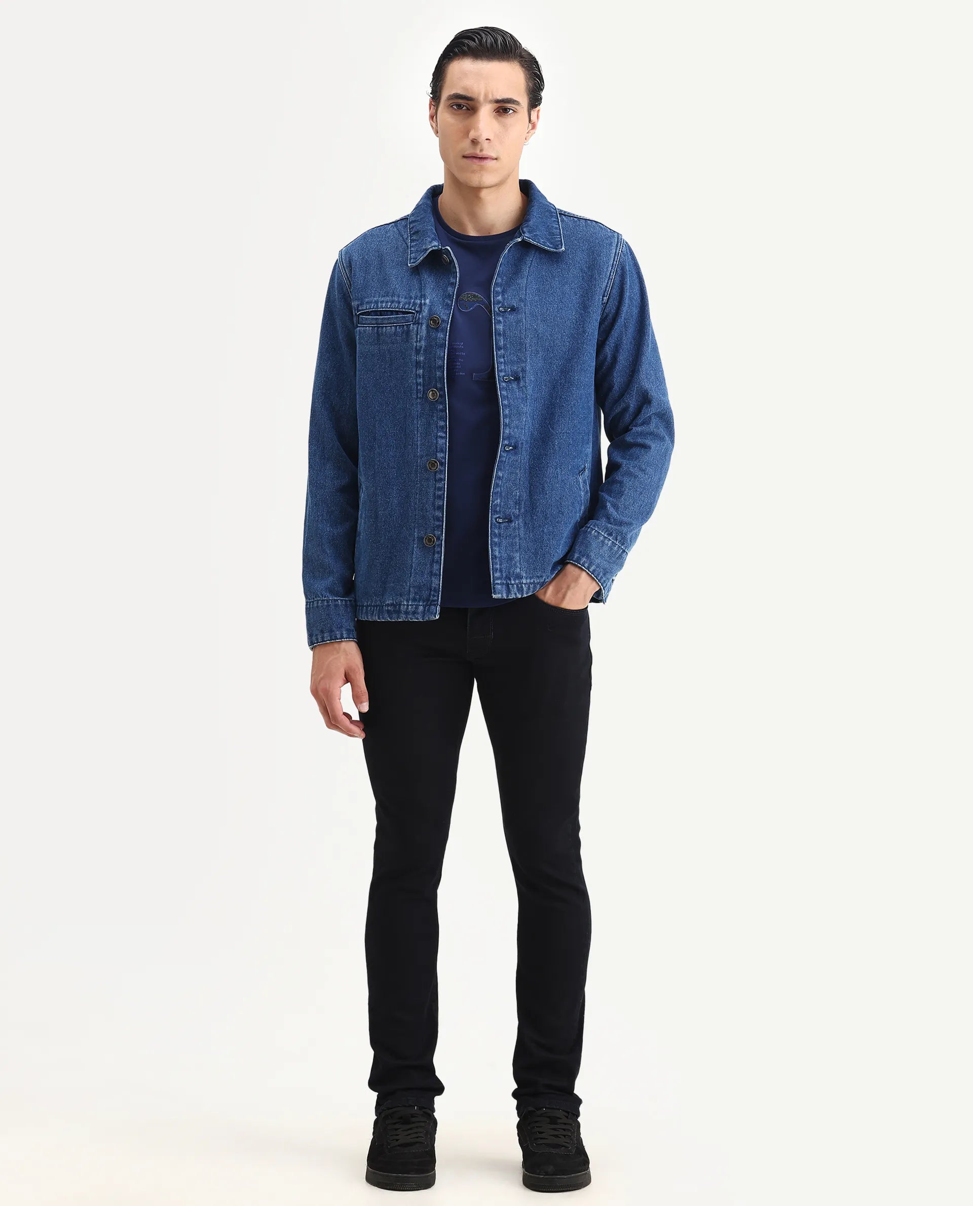 Rare Rabbit Men's Reid Dark Blue Cotton Blend Plain Hawk Slim Fit Jeans