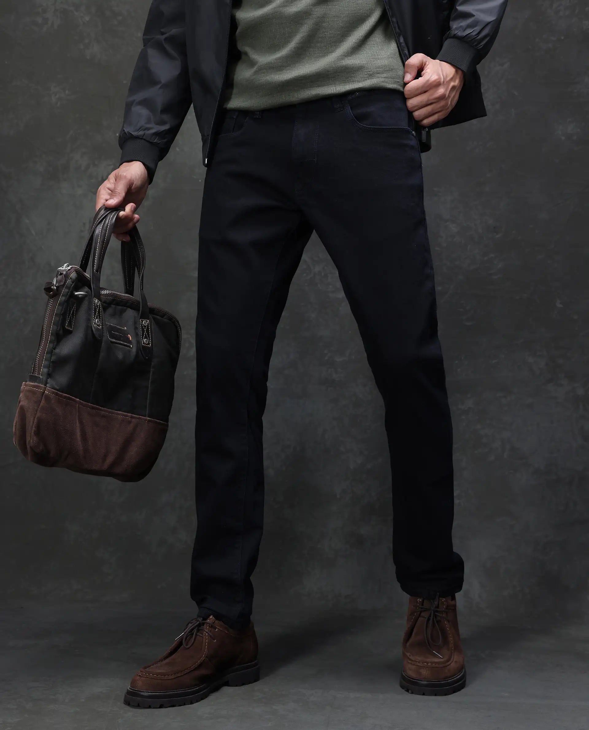 Rare Rabbit Men's Reid Dark Blue Cotton Blend Fabric Shank And Zip Clo