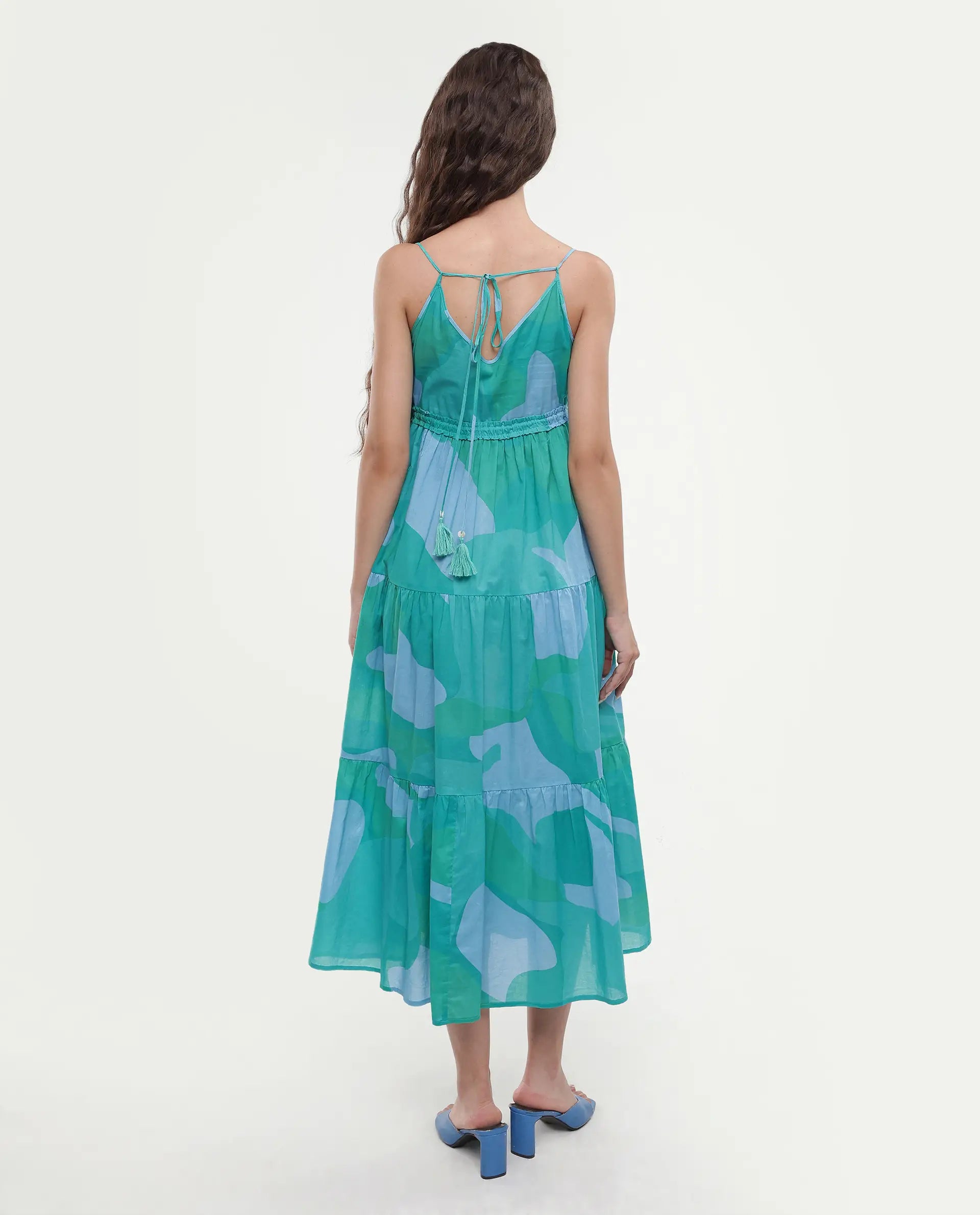 Rareism Women's Reid Green Cotton Shoulder Strap Abstract Print Shoulder Strap Midi Fit And Flare Dress