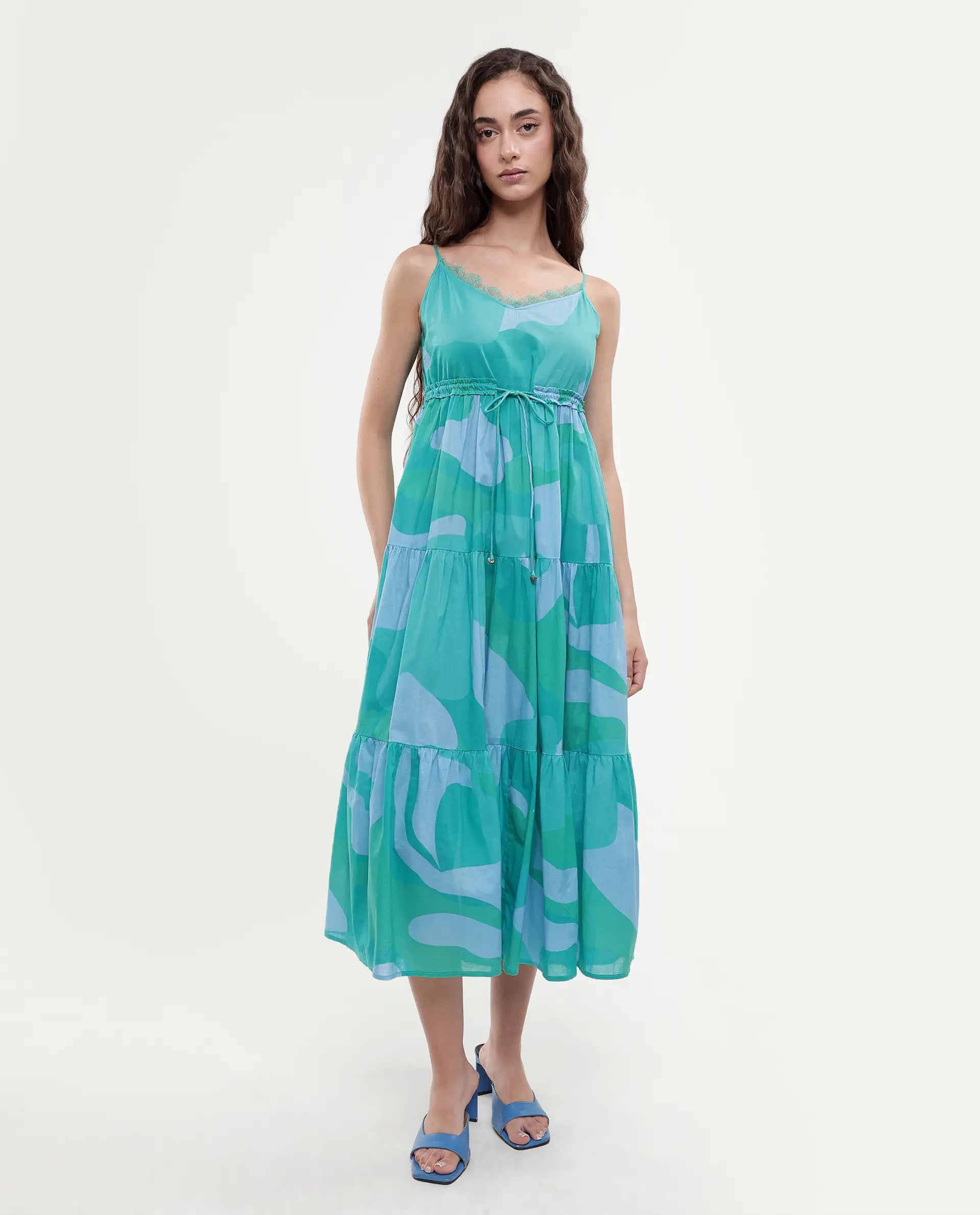 Rareism Women's Reid Green Cotton Shoulder Strap Abstract Print Shoulder Strap Midi Fit And Flare Dress
