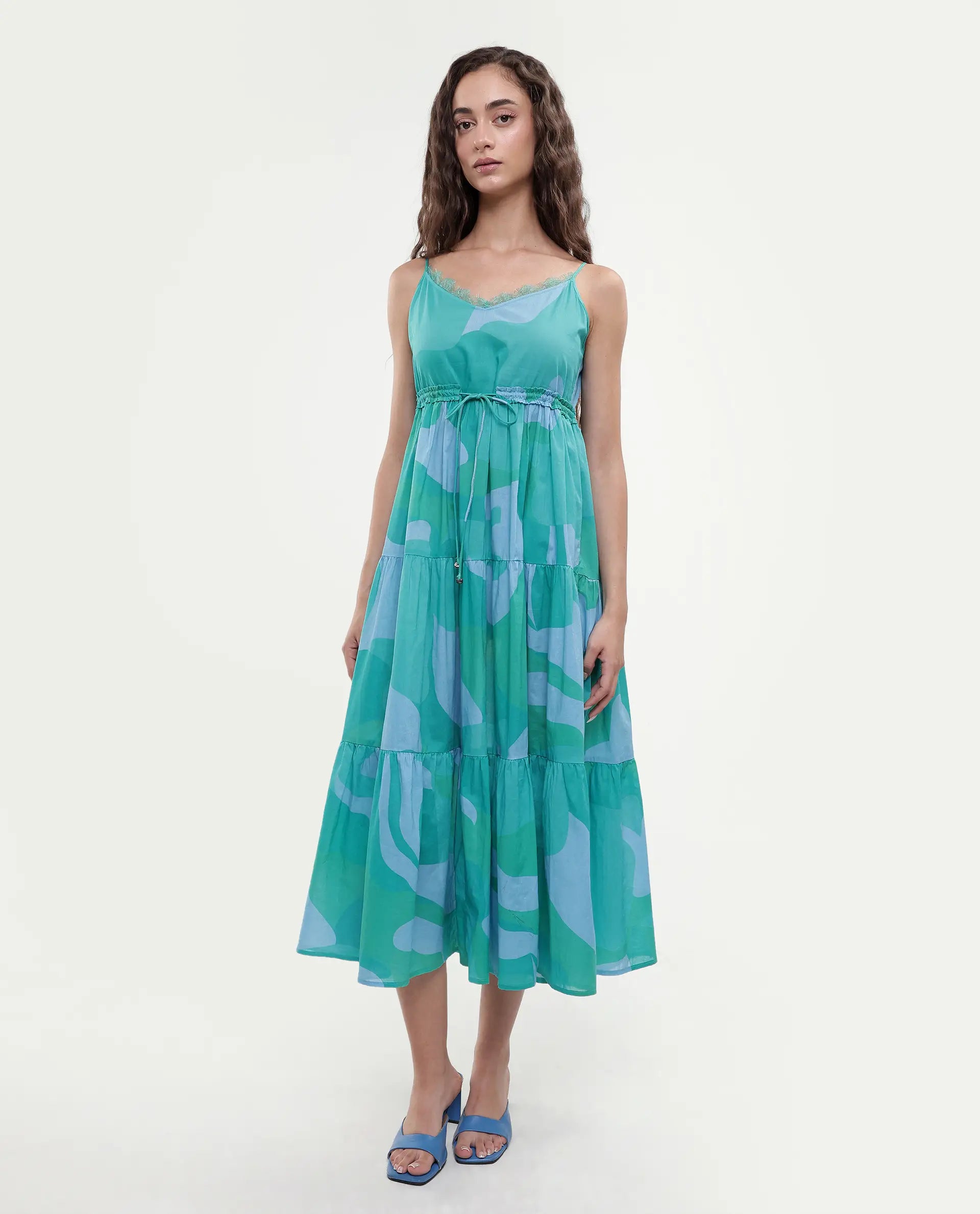 Rareism Women's Reid Green Cotton Shoulder Strap Abstract Print Shoulder Strap Midi Fit And Flare Dress