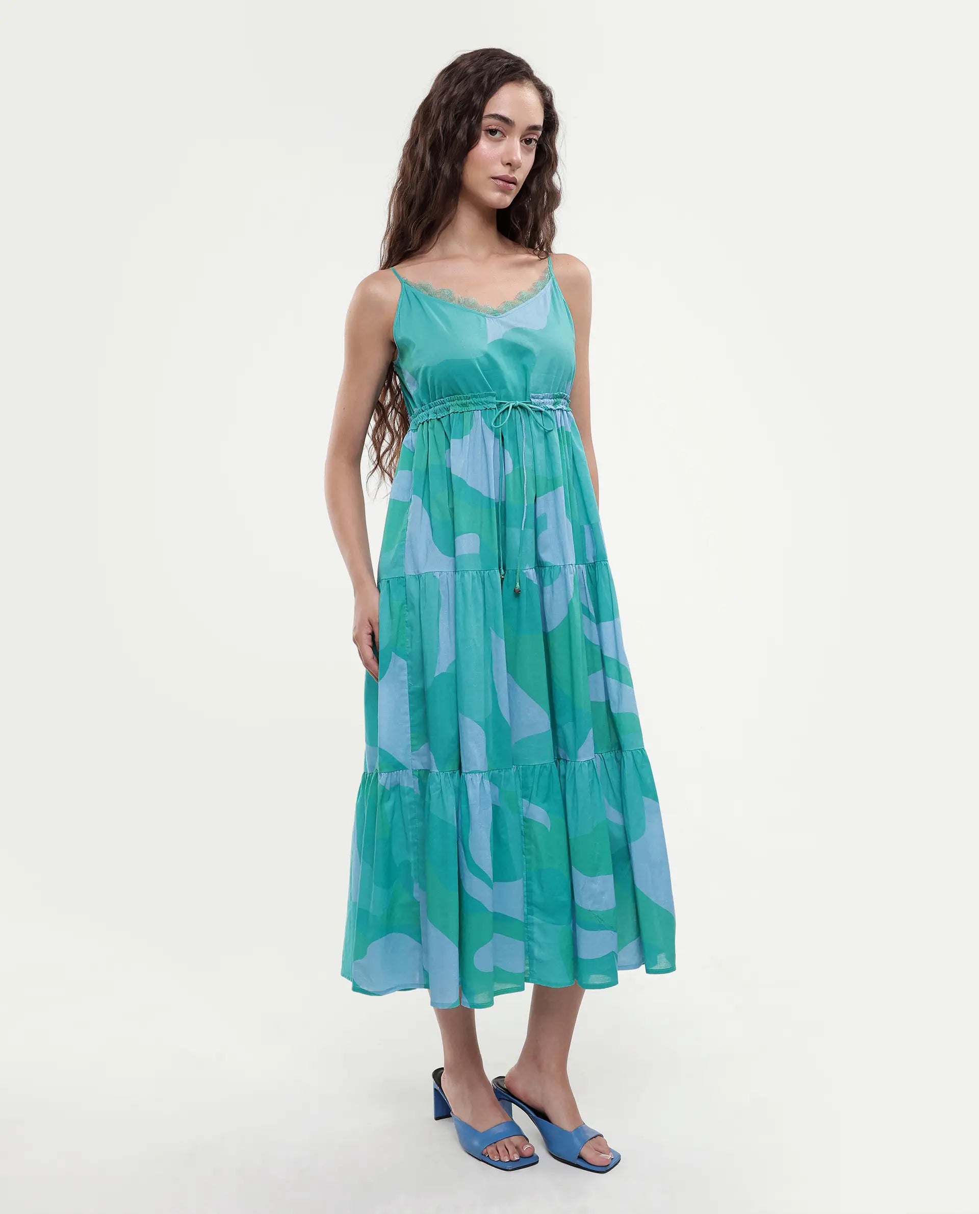 Rareism Women's Reid Green Cotton Shoulder Strap Abstract Print Shoulder Strap Midi Fit And Flare Dress