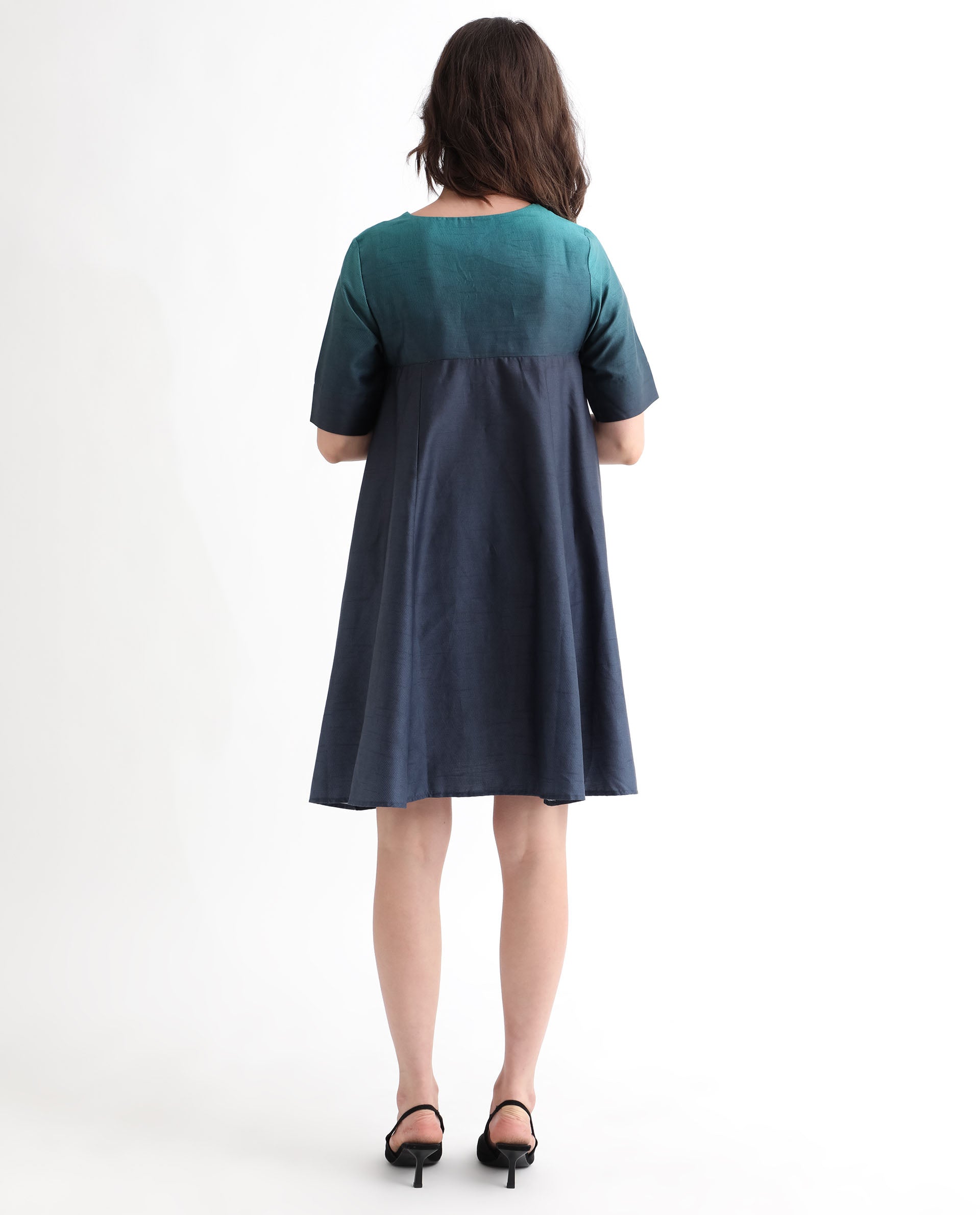 Rareism Women Reilly Green Cotton Fabric Short Sleeves Over Lap Fit And Flare Ombre Short Empire Dress