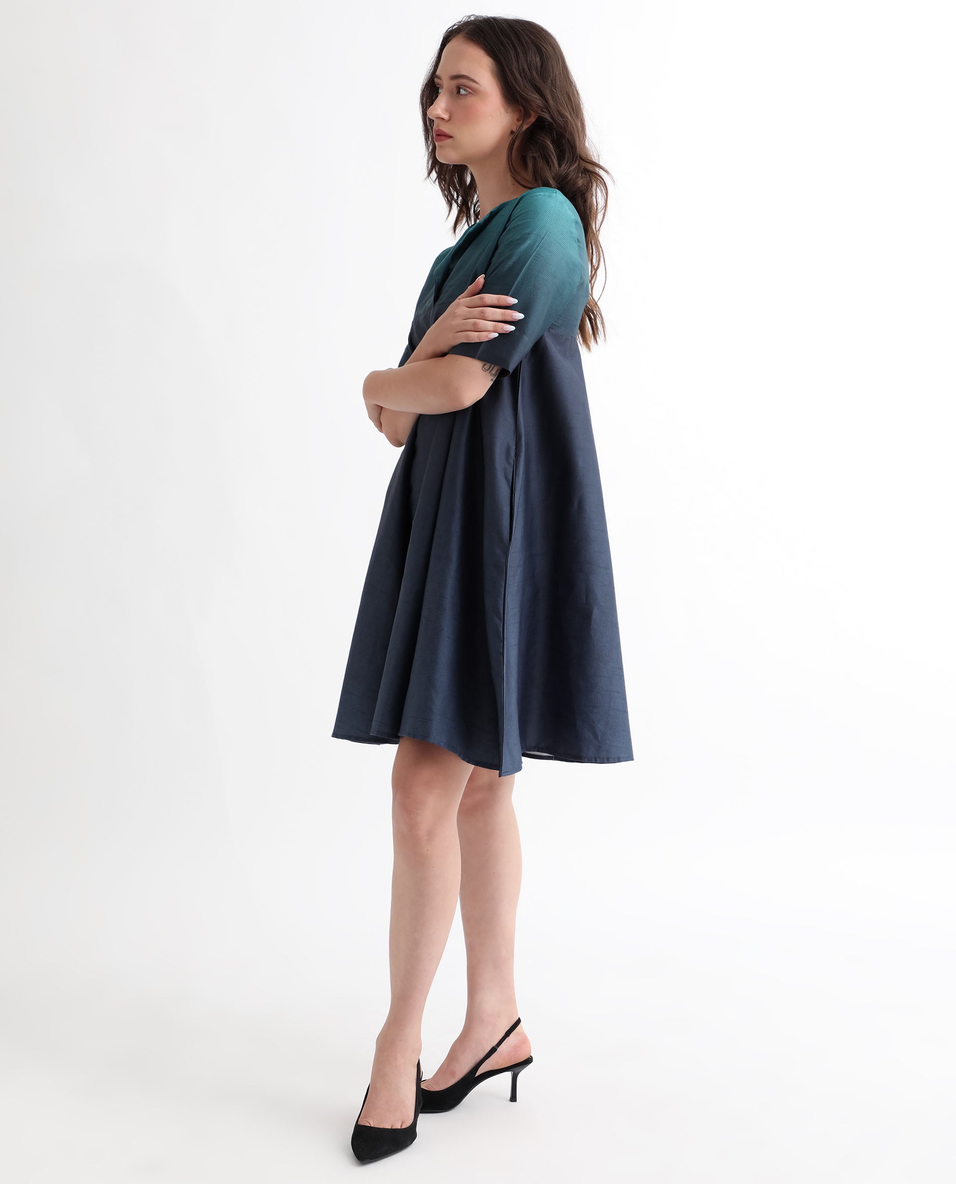 Rareism Women Reilly Green Cotton Fabric Short Sleeves Over Lap Fit And Flare Ombre Short Empire Dress