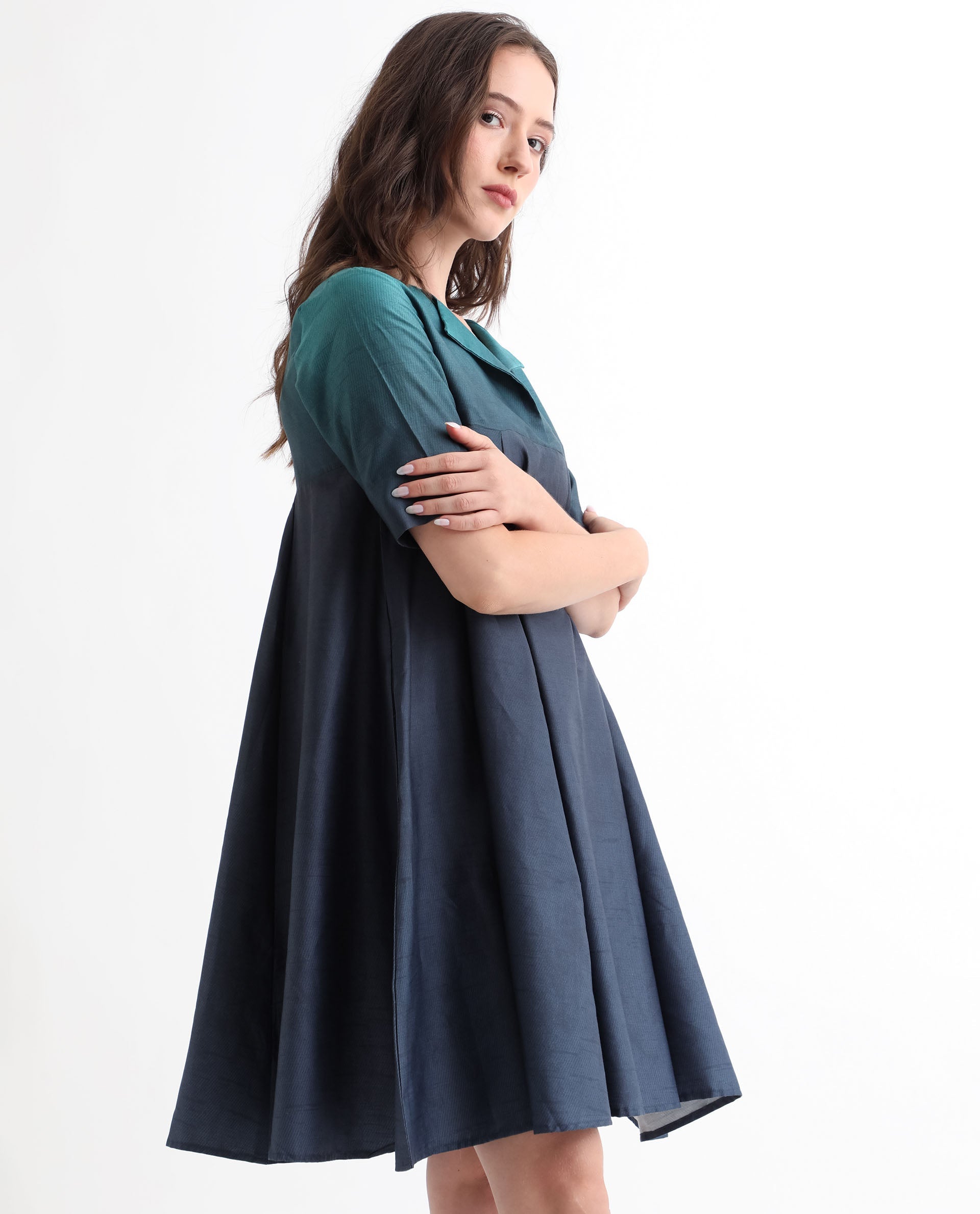 Rareism Women Reilly Green Cotton Fabric Short Sleeves Over Lap Fit And Flare Ombre Short Empire Dress