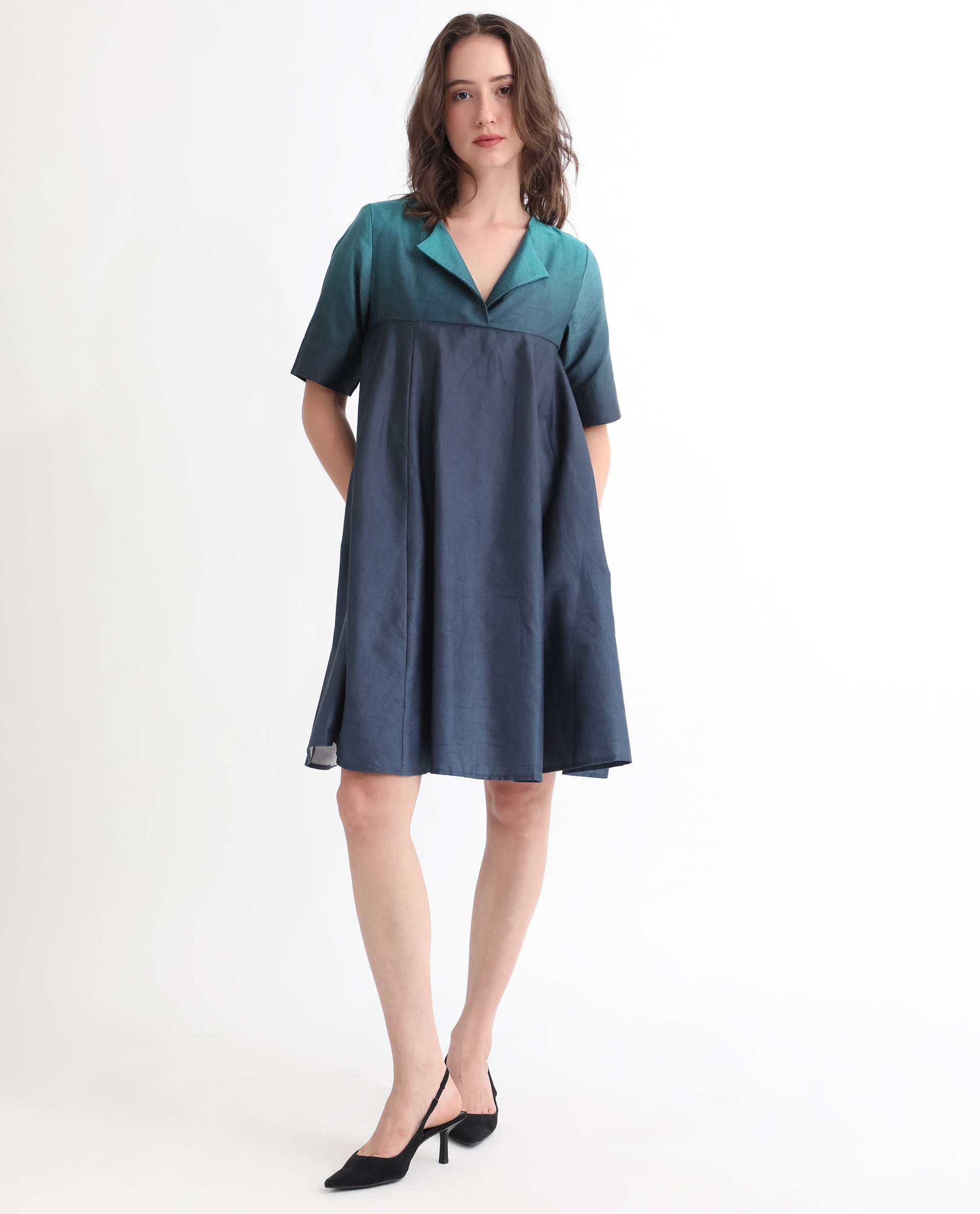 Rareism Women Reilly Green Cotton Fabric Short Sleeves Over Lap Fit And Flare Ombre Short Empire Dress