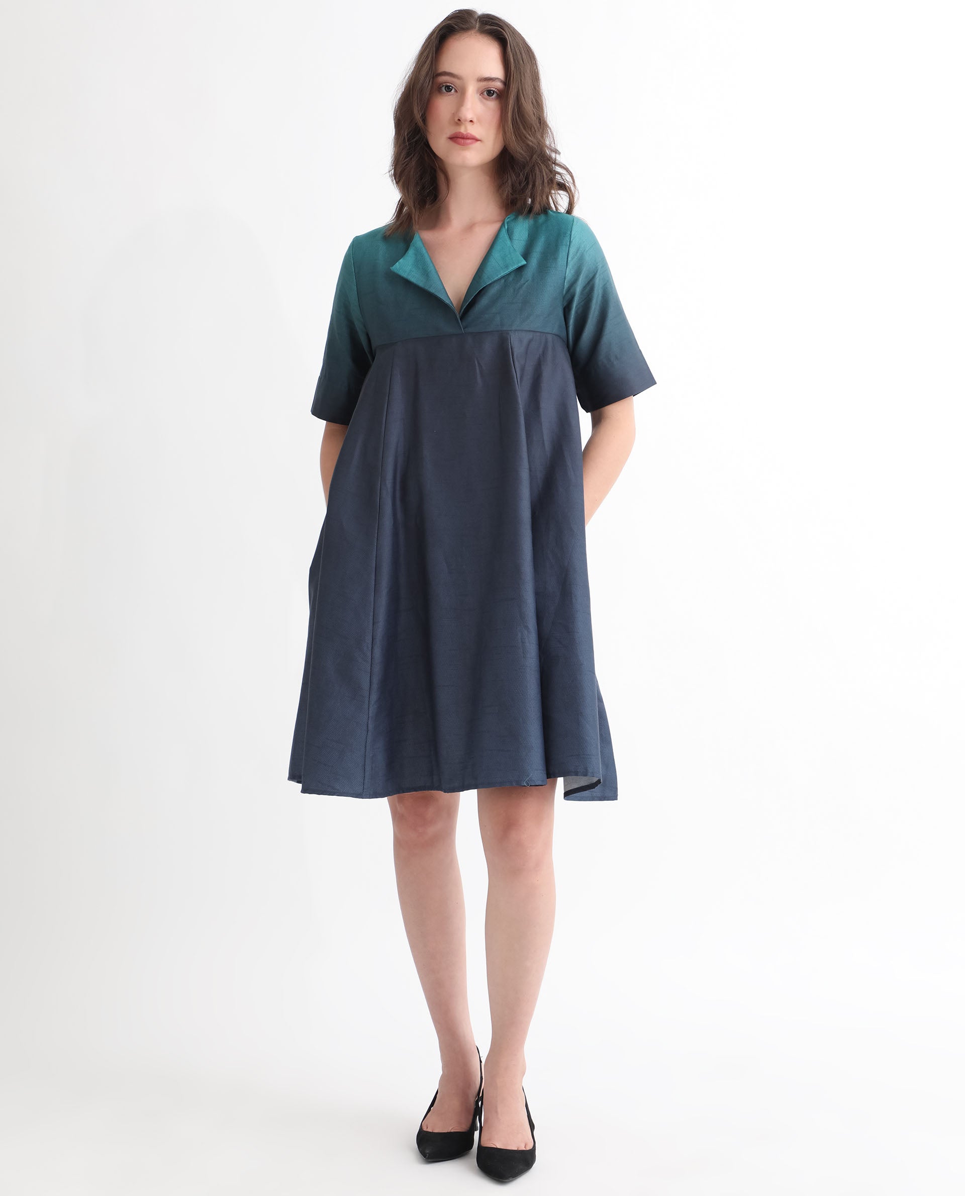 Rareism Women Reilly Green Cotton Fabric Short Sleeves Over Lap Fit And Flare Ombre Short Empire Dress