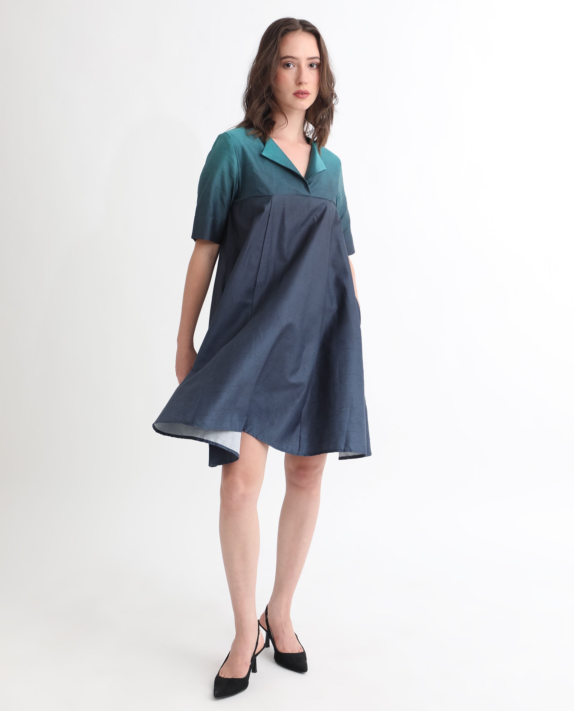Rareism Women Reilly Green Cotton Fabric Short Sleeves Over Lap Fit And Flare Ombre Short Empire Dress