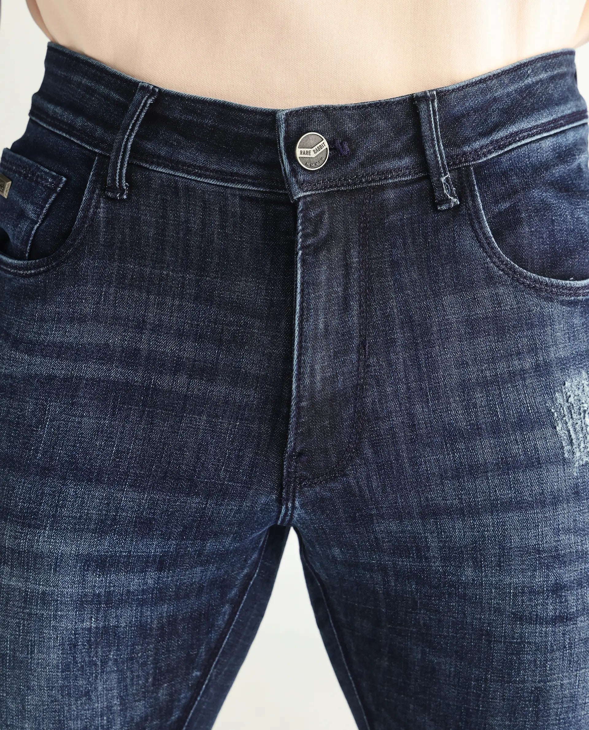 Rare Rabbit Men's Reims Light Blue Cotton Plain Hawk Slim Fit Jeans