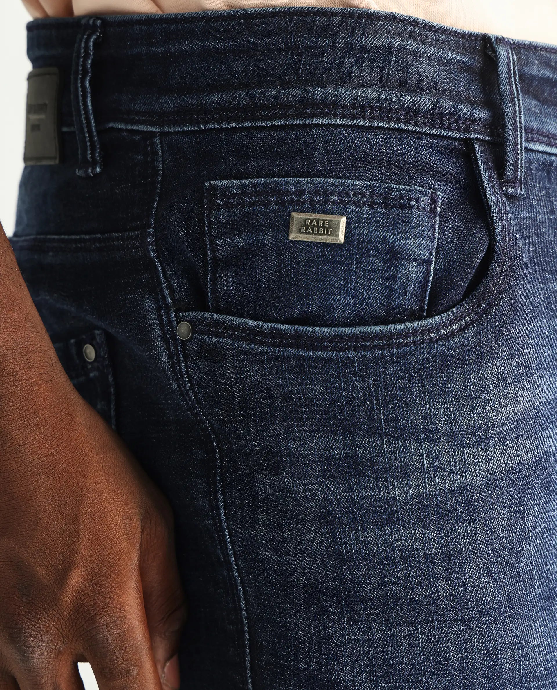 Rare Rabbit Men's Reims Light Blue Cotton Plain Hawk Slim Fit Jeans