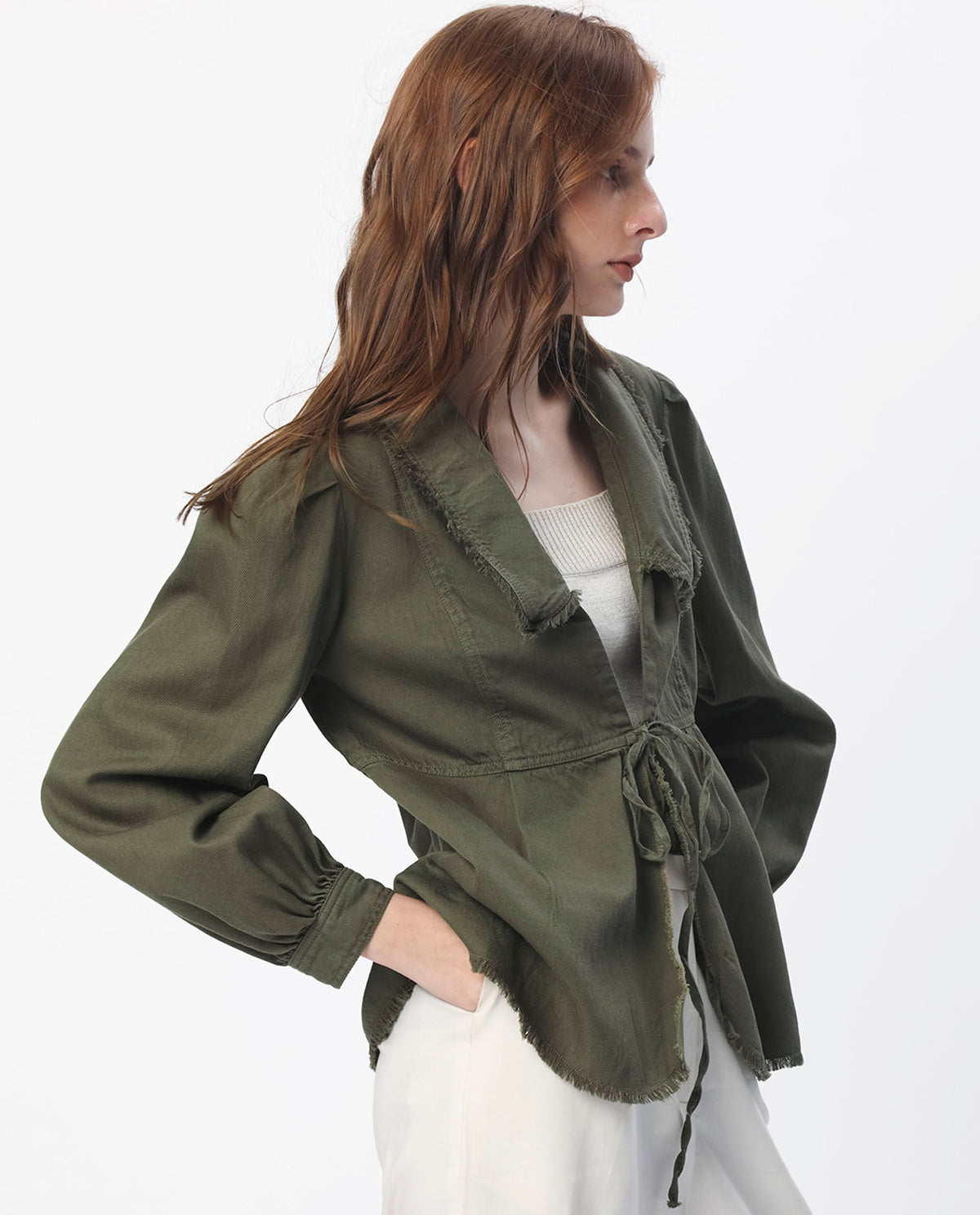 Rareism Women Reism Dark Olive Cotton Blend Fabric Full Sleeves Solid Lapel Neck Shrug