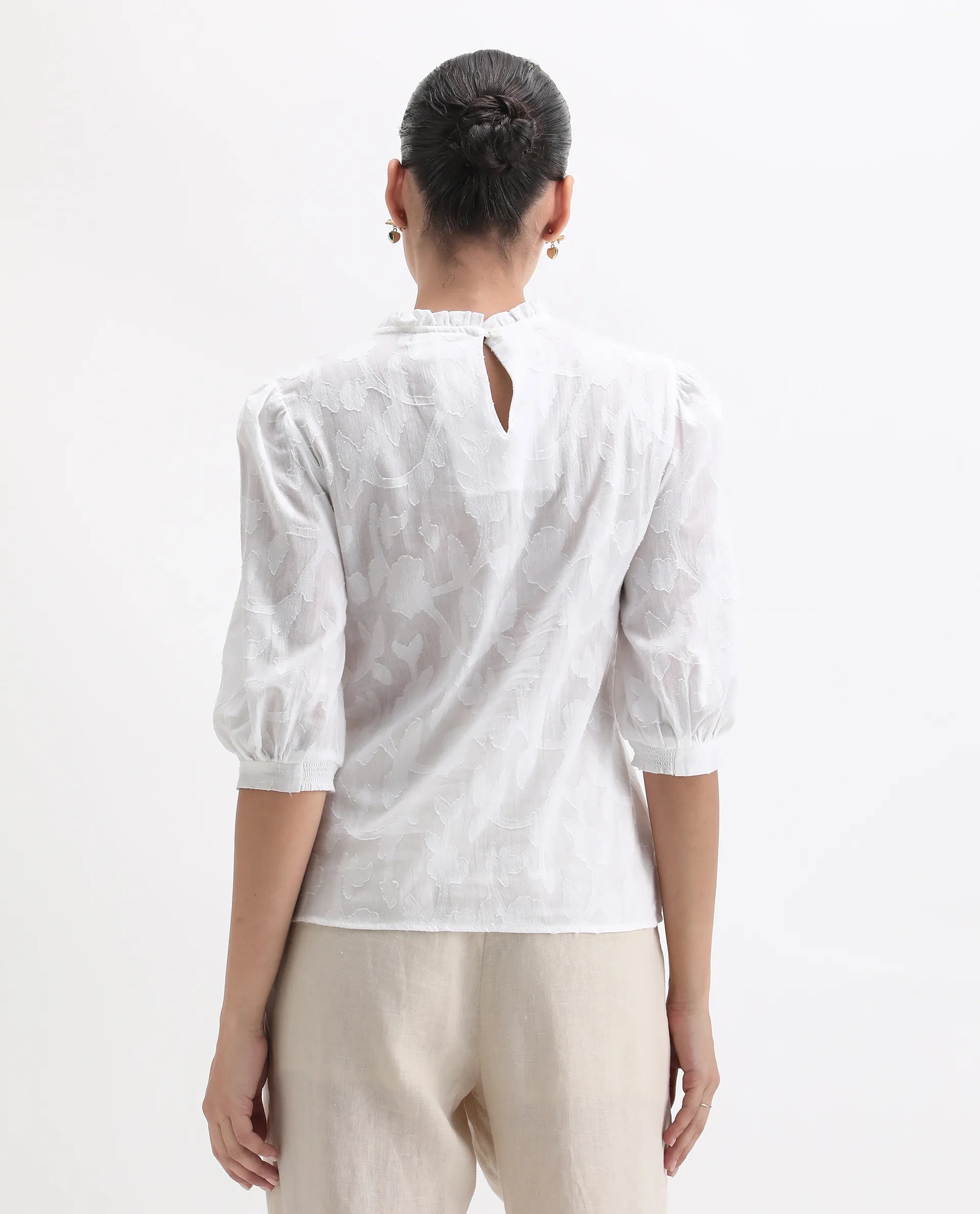 Rareism Women's Reis White Cotton Blend Crew Neck Plain Puff Sleeves Regular Fit Top