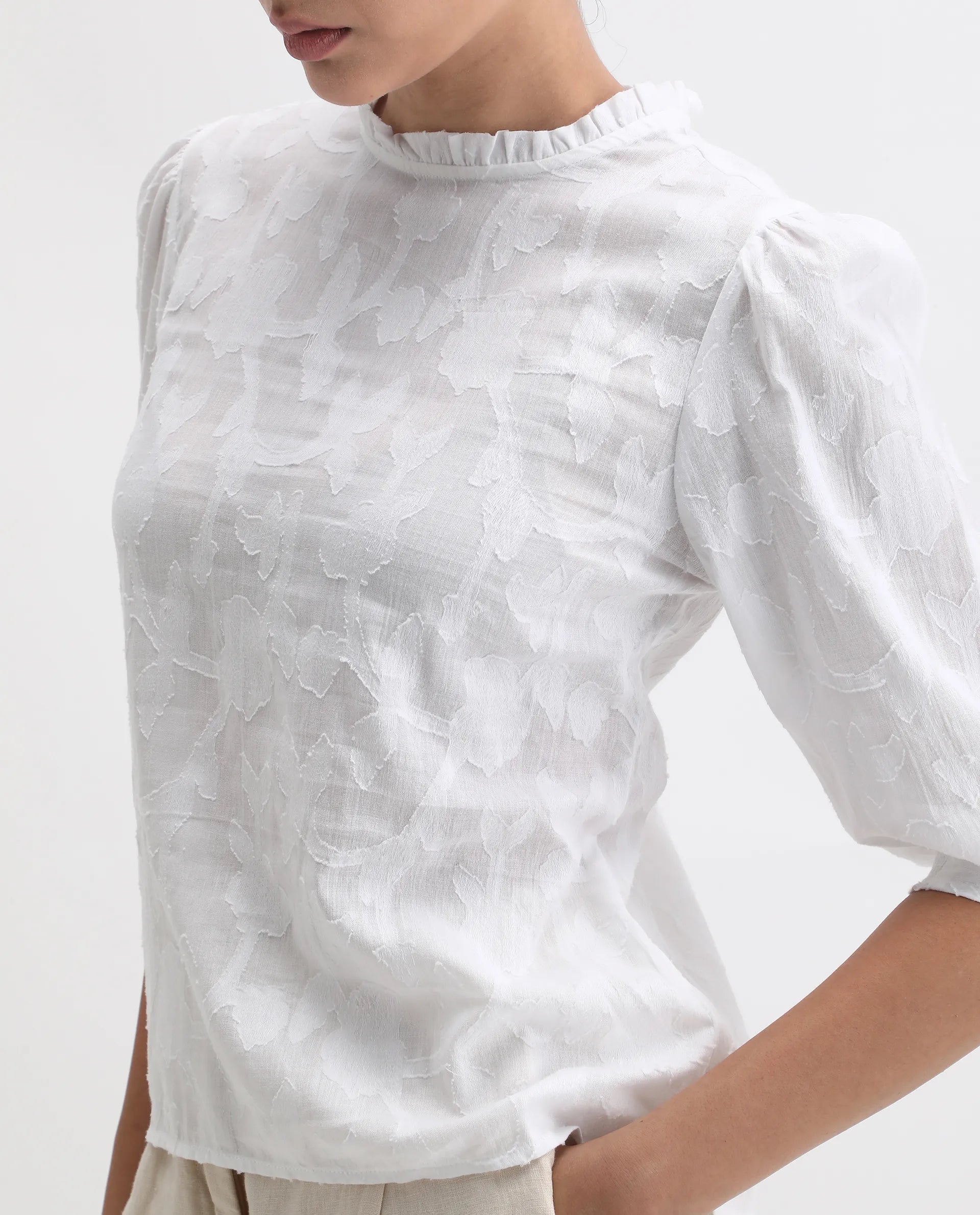 Rareism Women's Reis White Cotton Blend Crew Neck Plain Puff Sleeves Regular Fit Top