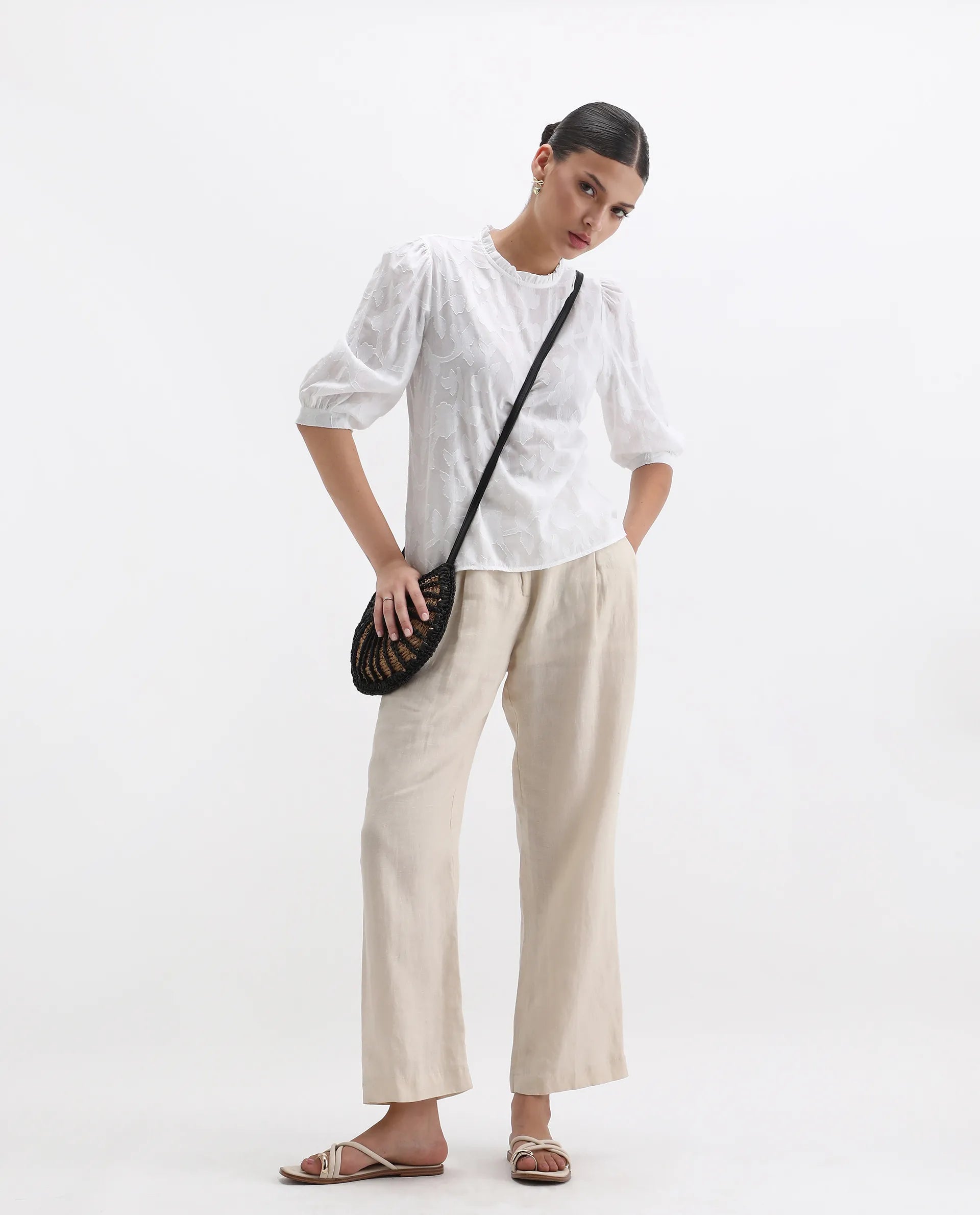 Rareism Women's Reis White Cotton Blend Crew Neck Plain Puff Sleeves Regular Fit Top