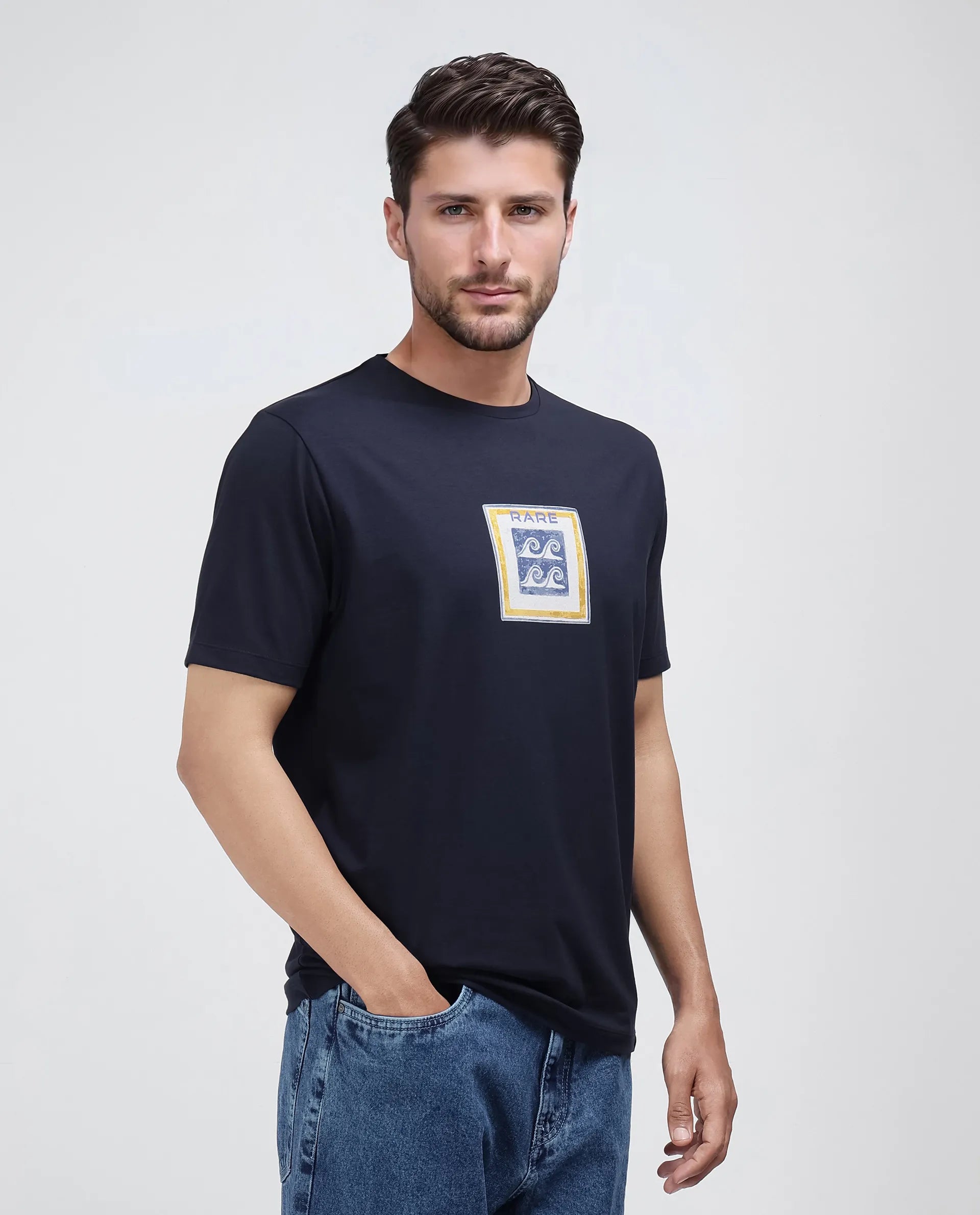 Rare Rabbit Men Rek Navy Cotton Lycra Fabric Short Sleeve Crew Neck Slip-On Oversized Fit Printed T-Shirt