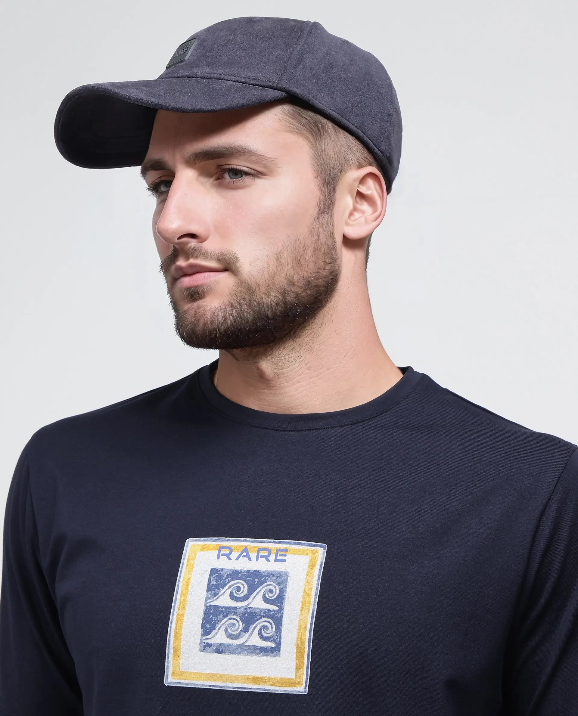 Rare Rabbit Men Rek Navy Cotton Lycra Fabric Short Sleeve Crew Neck Slip-On Oversized Fit Printed T-Shirt