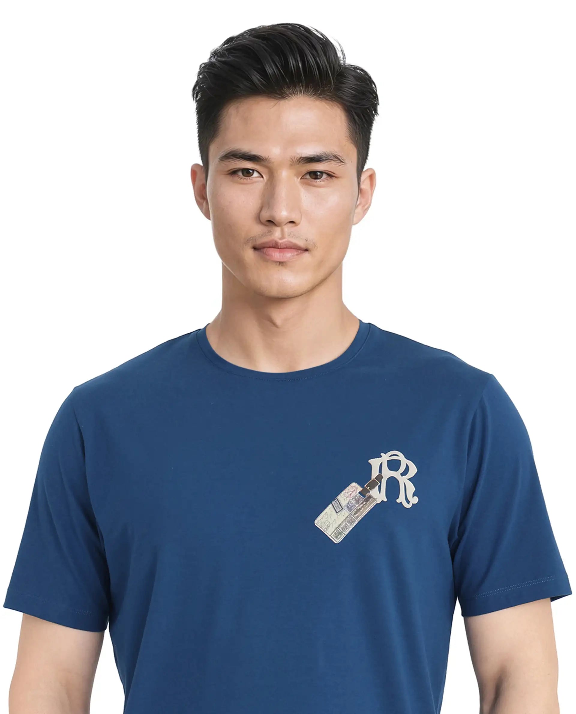 Rare Rabbit Men Reko Teal Cotton Blend Fabric Short Sleeve Crew Neck Multi Technique Pocket Print T-Shirt