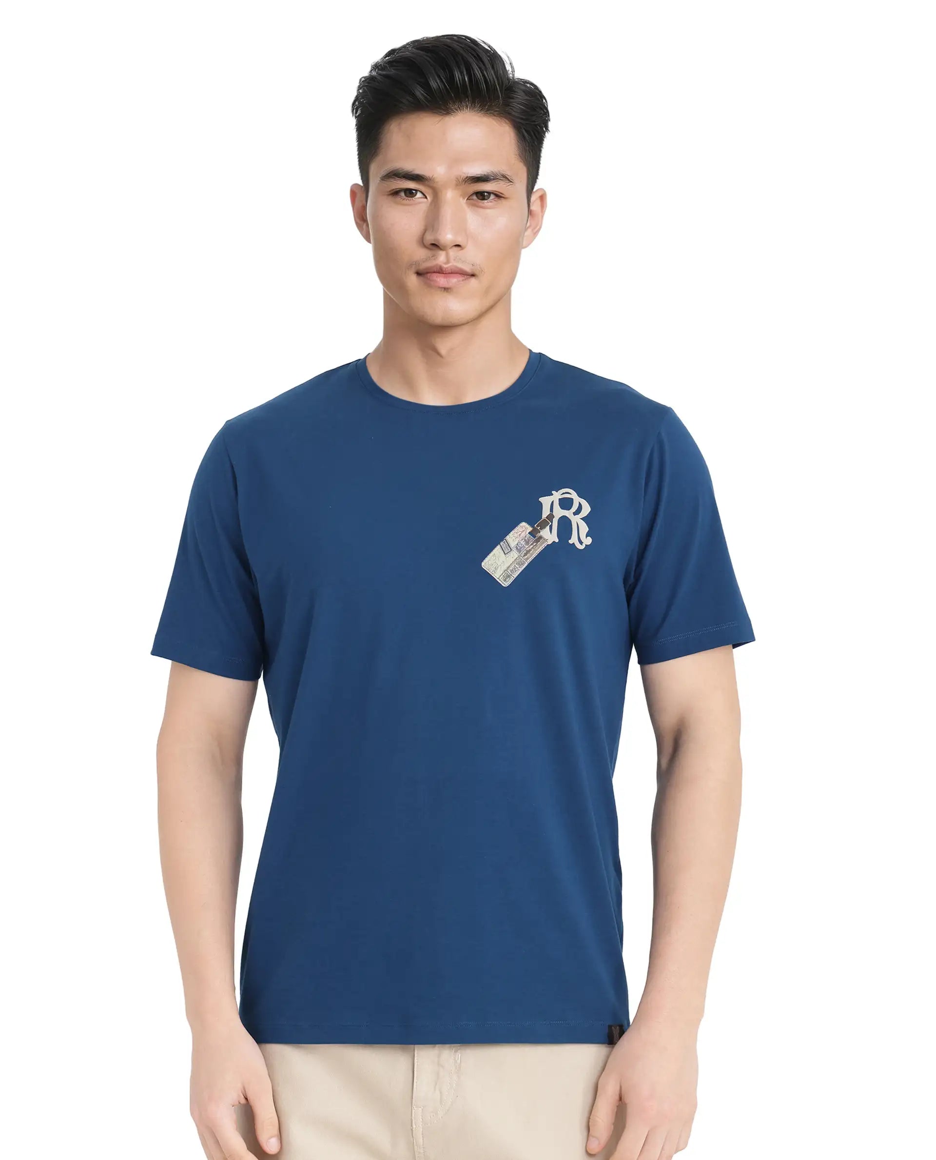 Rare Rabbit Men Reko Teal Cotton Blend Fabric Short Sleeve Crew Neck Multi Technique Pocket Print T-Shirt