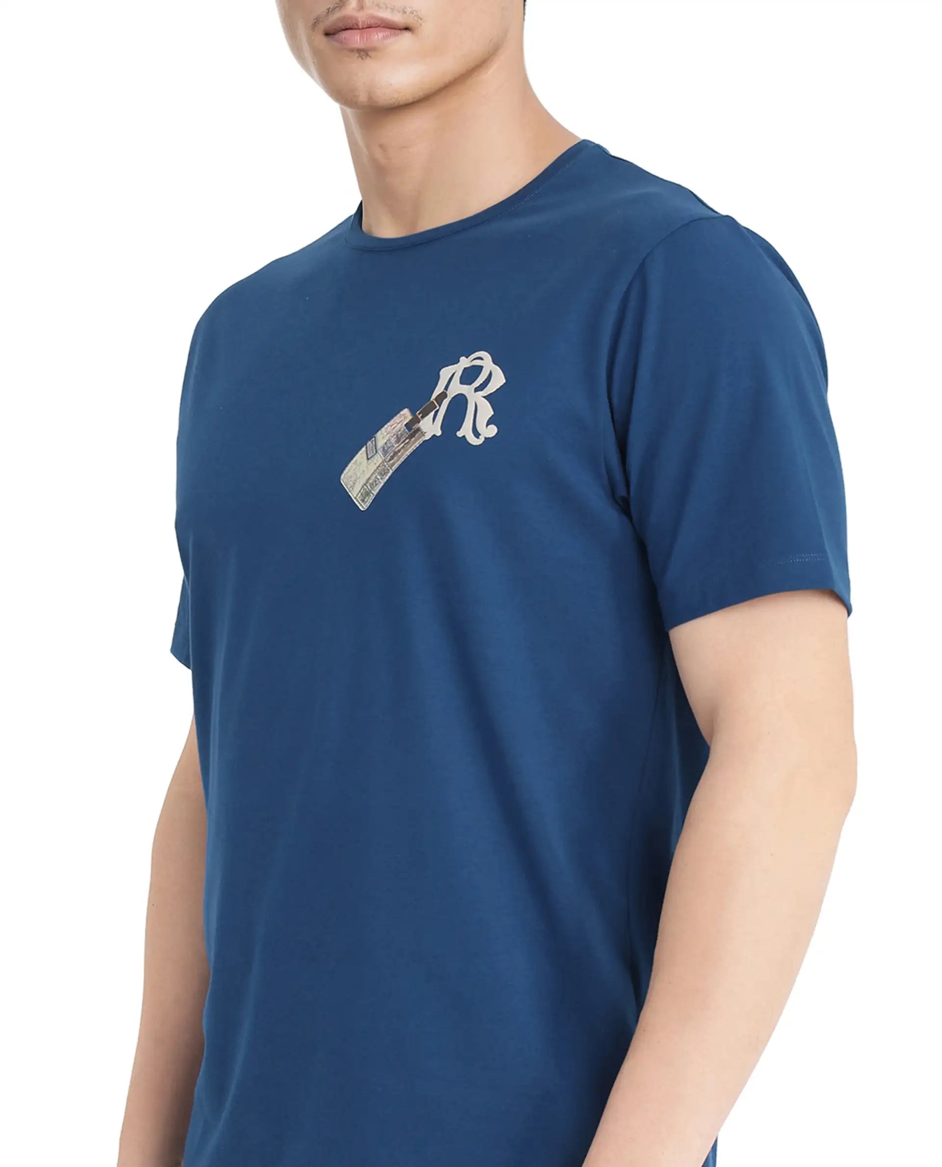 Rare Rabbit Men Reko Teal Cotton Blend Fabric Short Sleeve Crew Neck Multi Technique Pocket Print T-Shirt