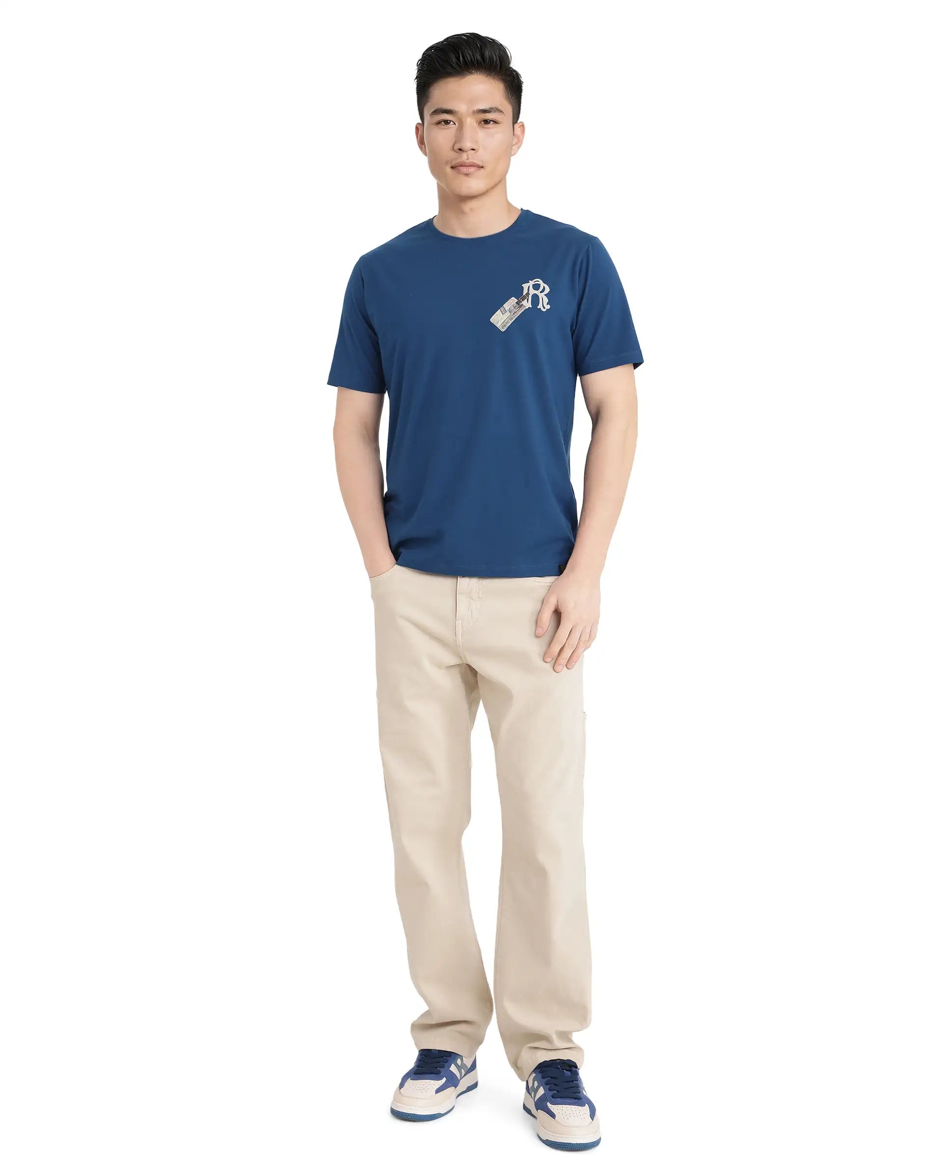 Rare Rabbit Men Reko Teal Cotton Blend Fabric Short Sleeve Crew Neck Multi Technique Pocket Print T-Shirt