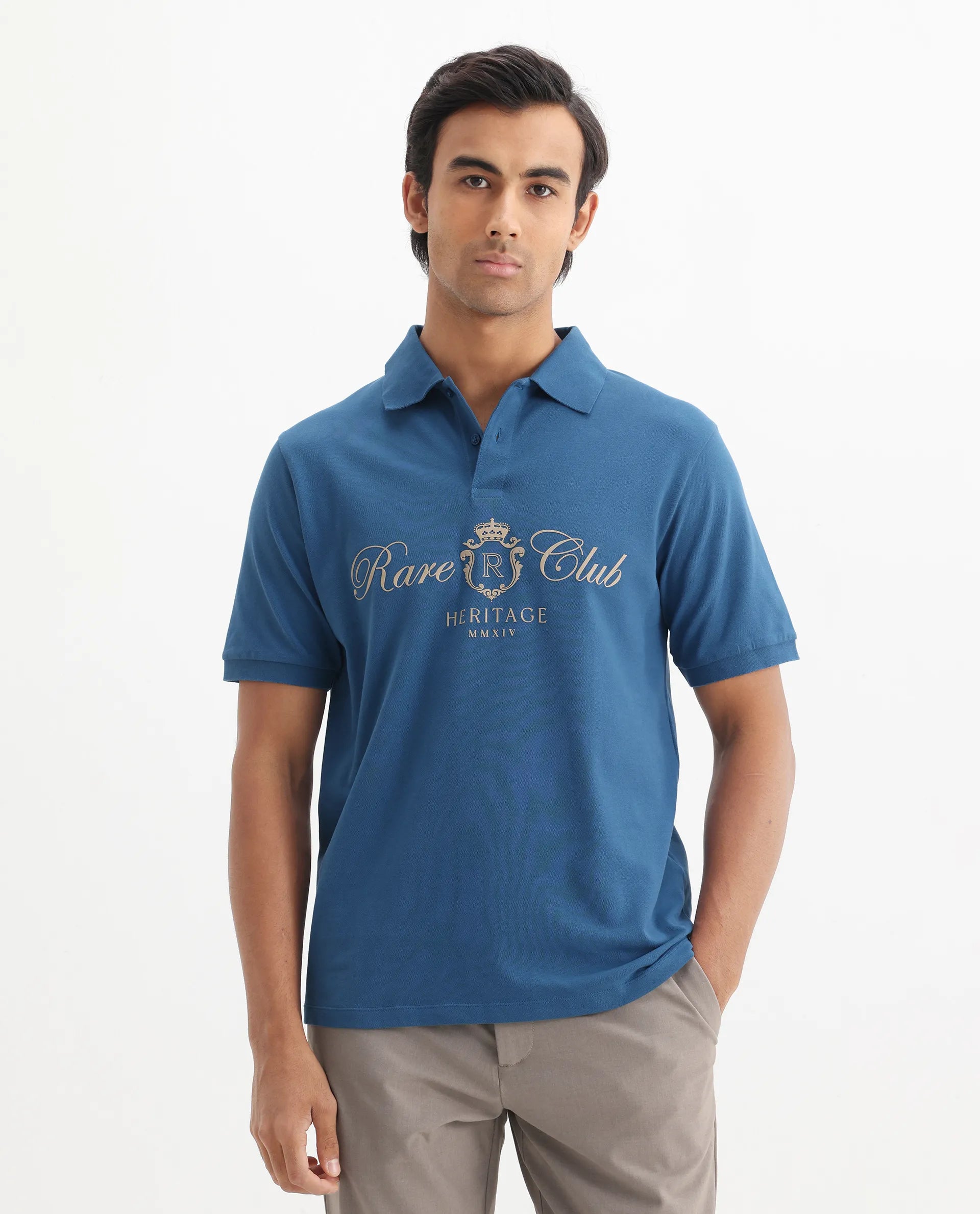 Rare Rabbit Men's Rem Blue Cotton Graphic Print Regular Fit Half Sleeve Polo