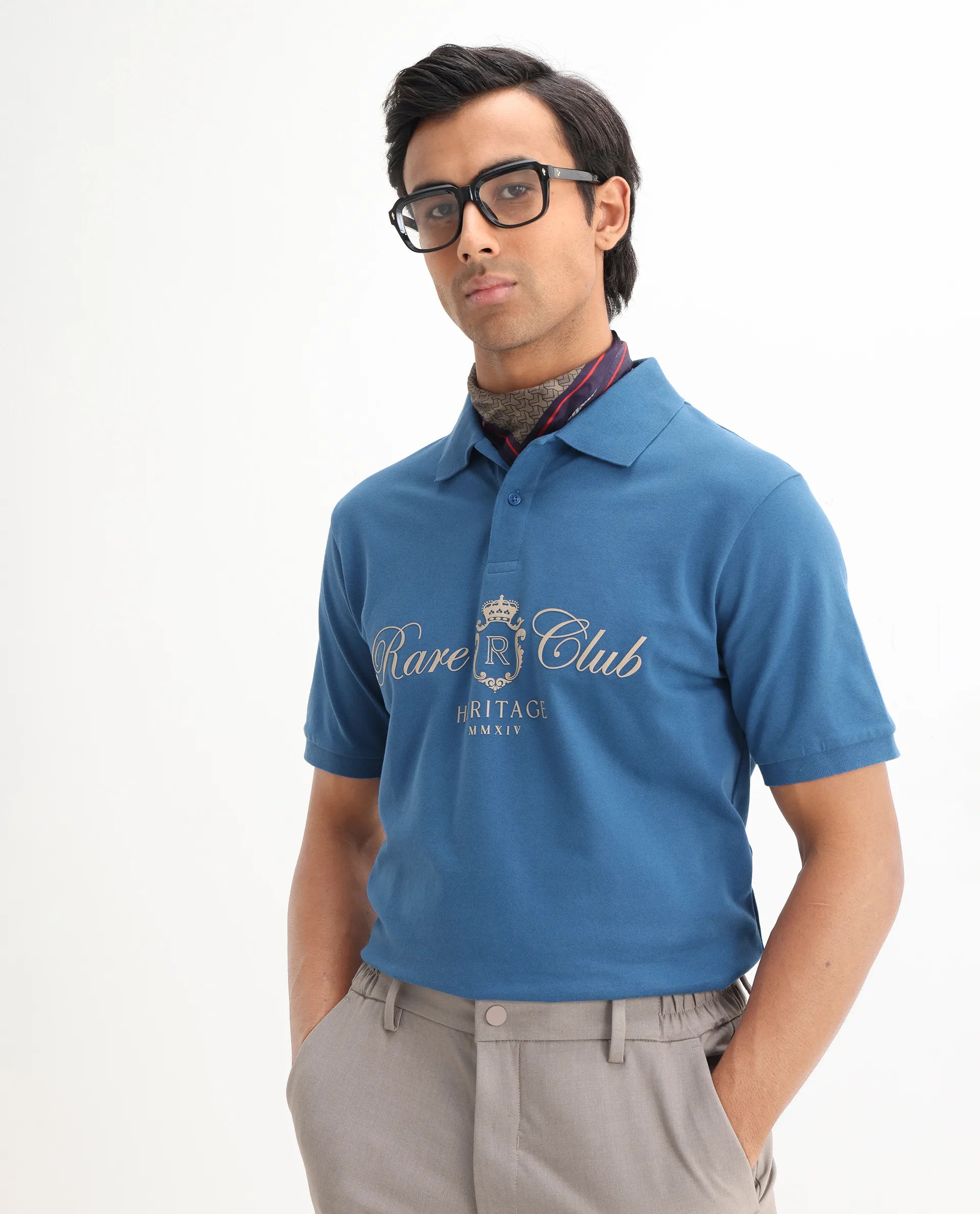 Rare Rabbit Men's Rem Blue Cotton Graphic Print Regular Fit Half Sleeve Polo