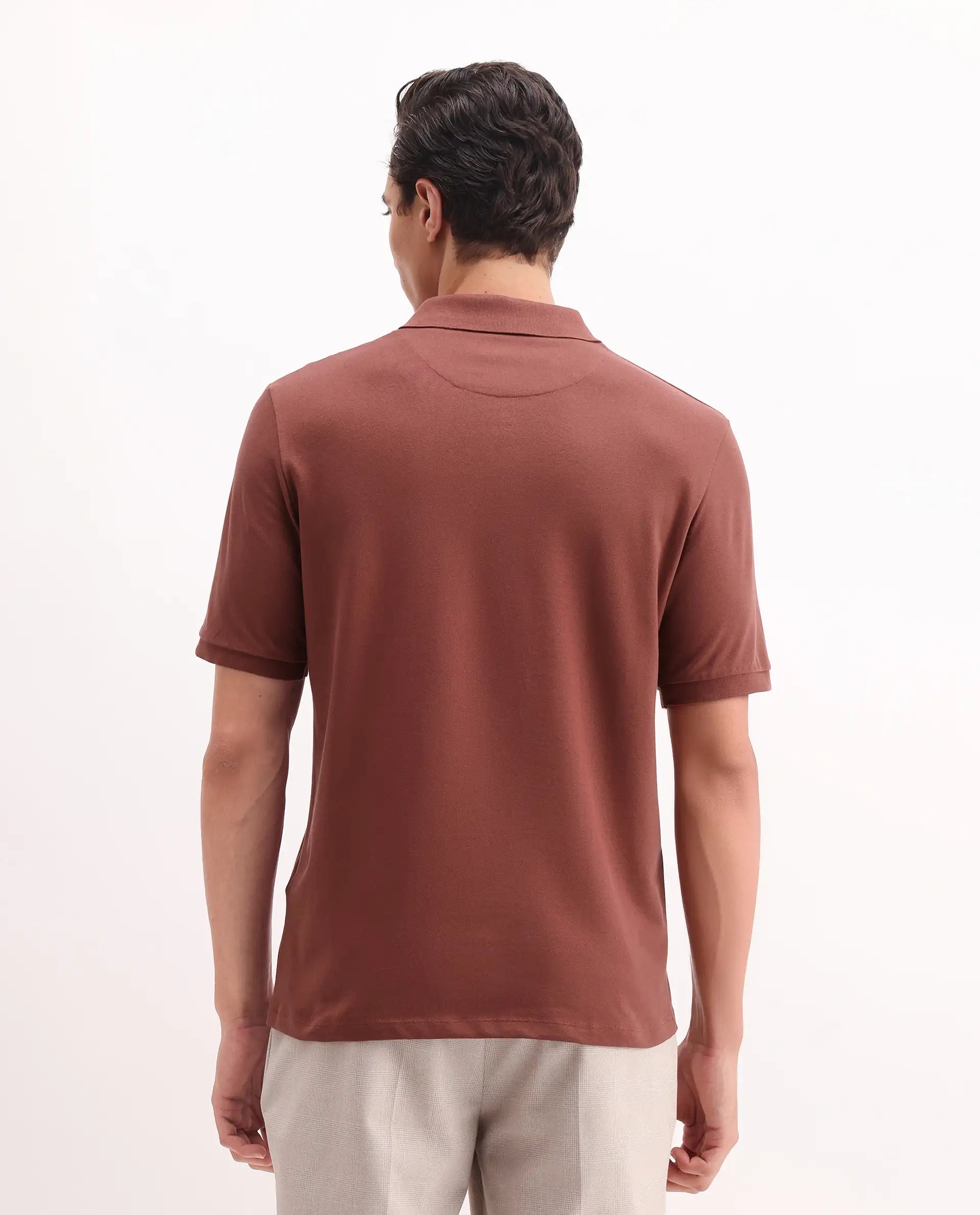 Rare Rabbit Men's Rem Dark Rust Cotton Plain Regular Fit Half Sleeve Polo