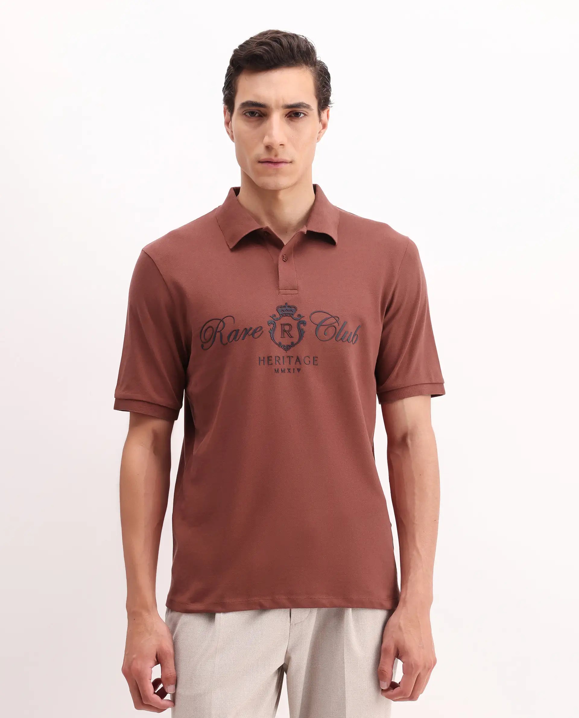 Rare Rabbit Men's Rem Dark Rust Cotton Plain Regular Fit Half Sleeve Polo